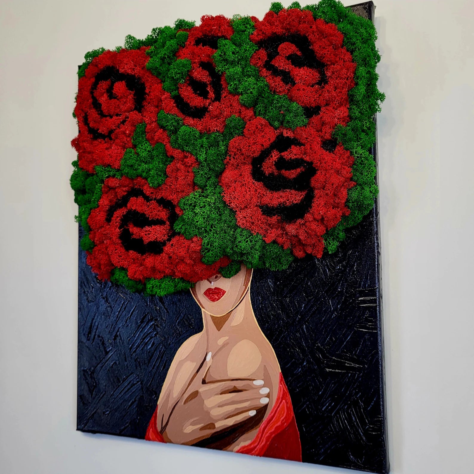 Unique Moss Wall Art “In Roses” – Handmade Woman Portrait with Preserved Moss Floral Decor