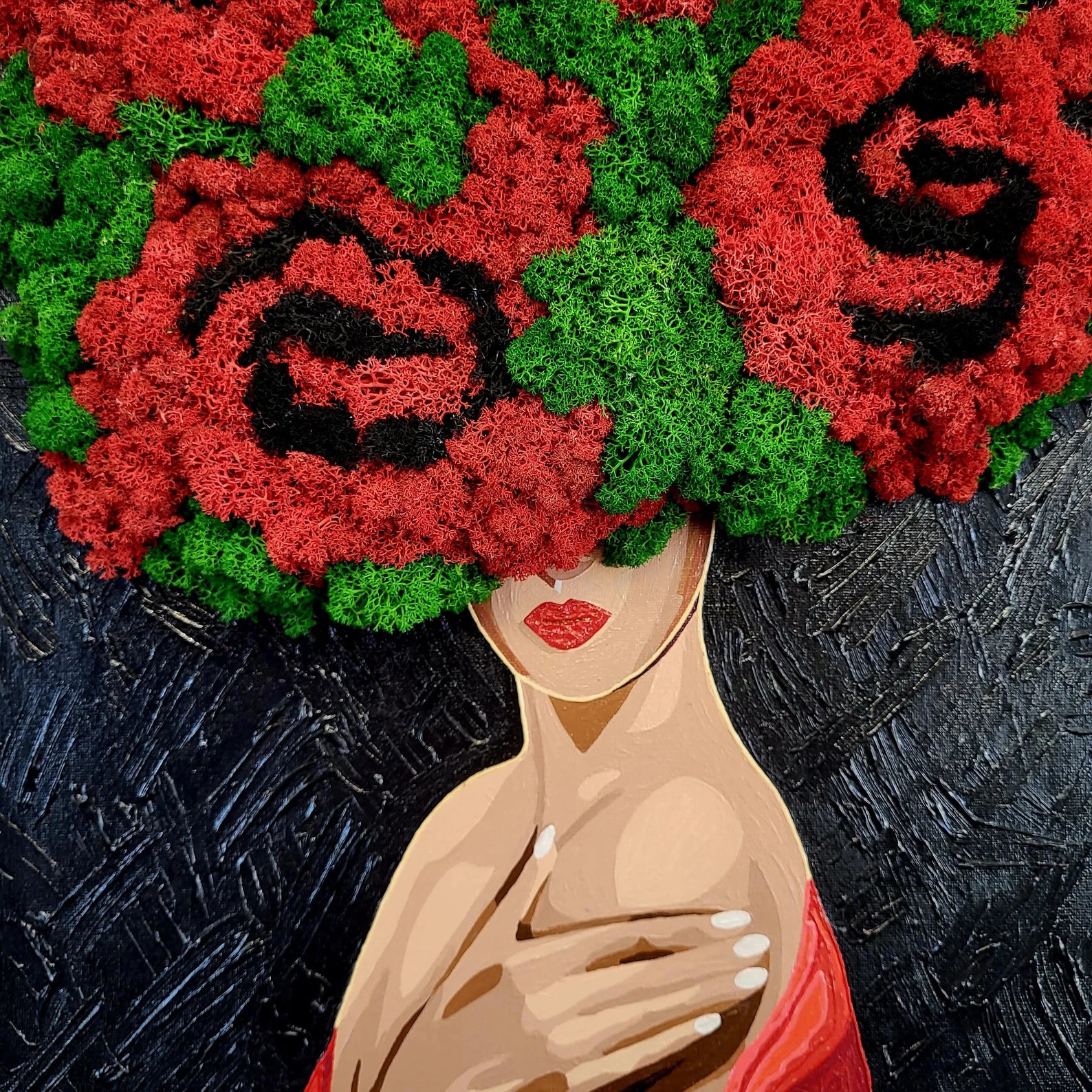 Unique Moss Wall Art “In Roses” – Handmade Woman Portrait with Preserved Moss Floral Decor