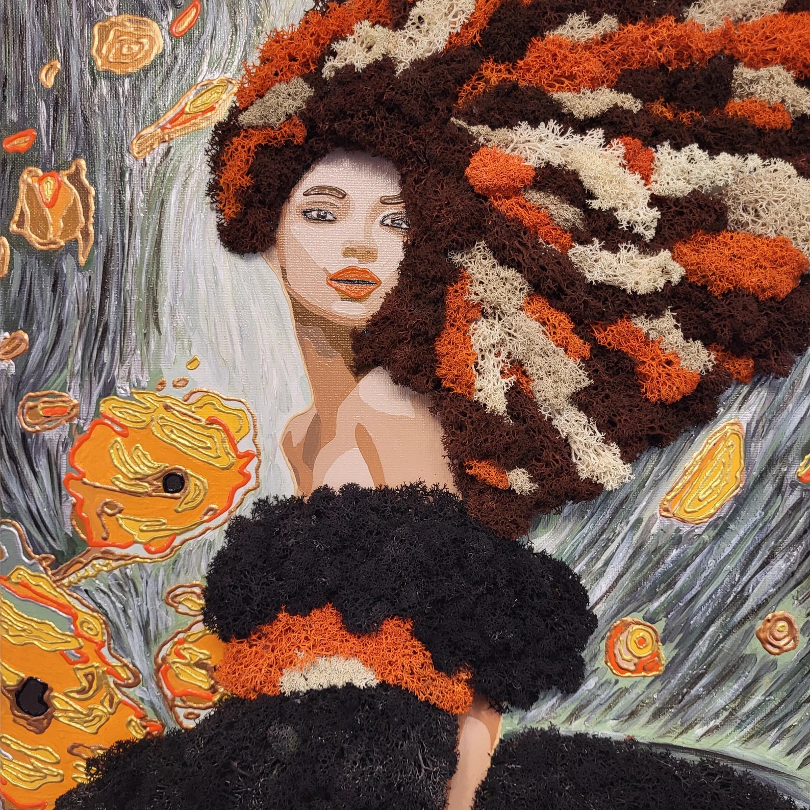 Colored Moss Painting "Emotional Whirlwind" – Eco-Friendly Woman Portrait Wall Art | Unique Preserved Moss Gift