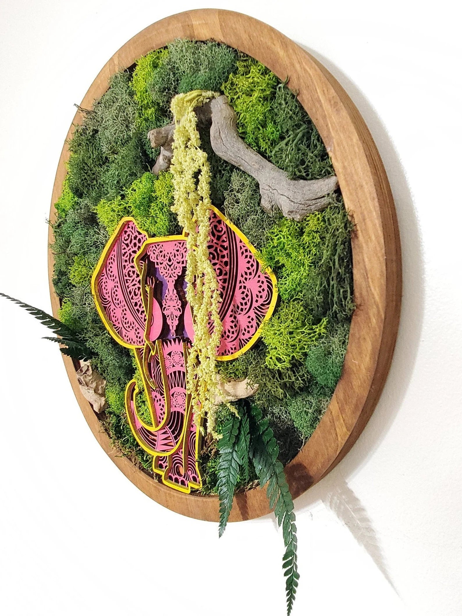 Boho Elephant Moss Wall Art – Preserved Moss Wood Frame Decor