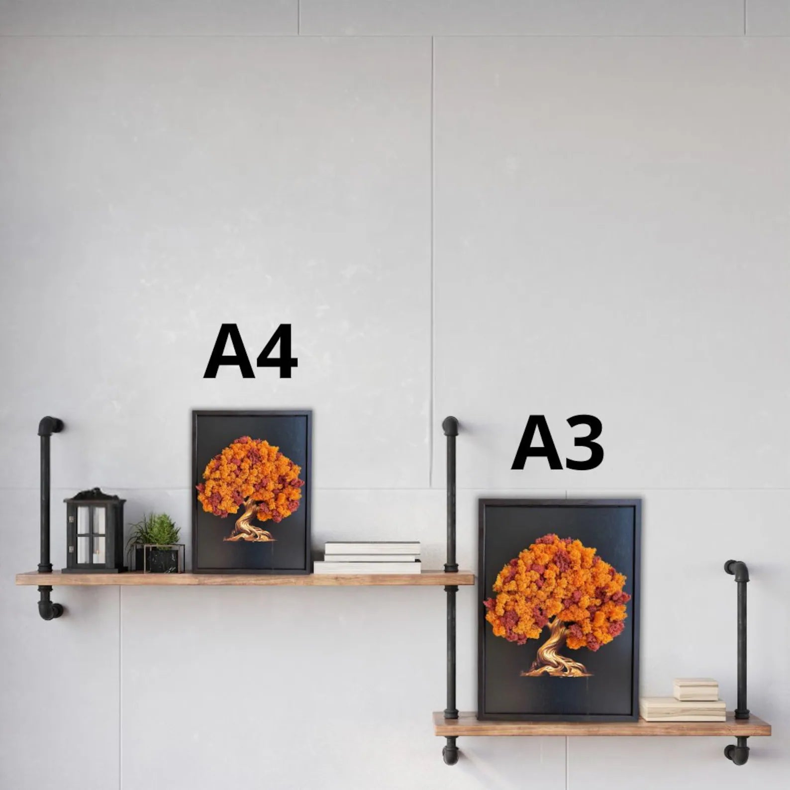 Preserved Moss Tree Wall Art – Black Frame with Natural Wood Accent