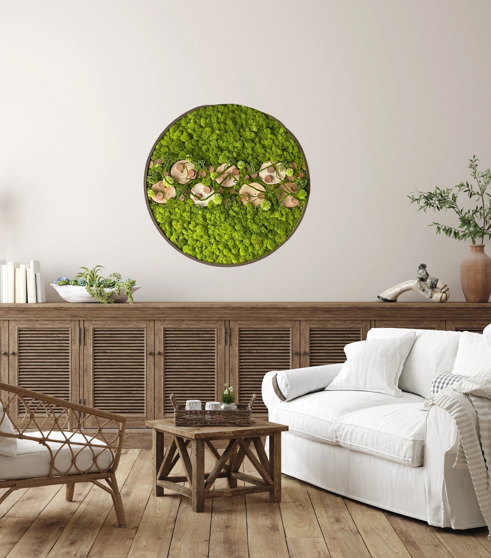 Wood Slice Moss Wall Art – Preserved Green Moss Picture | Farmhouse Decor with Natural Frame