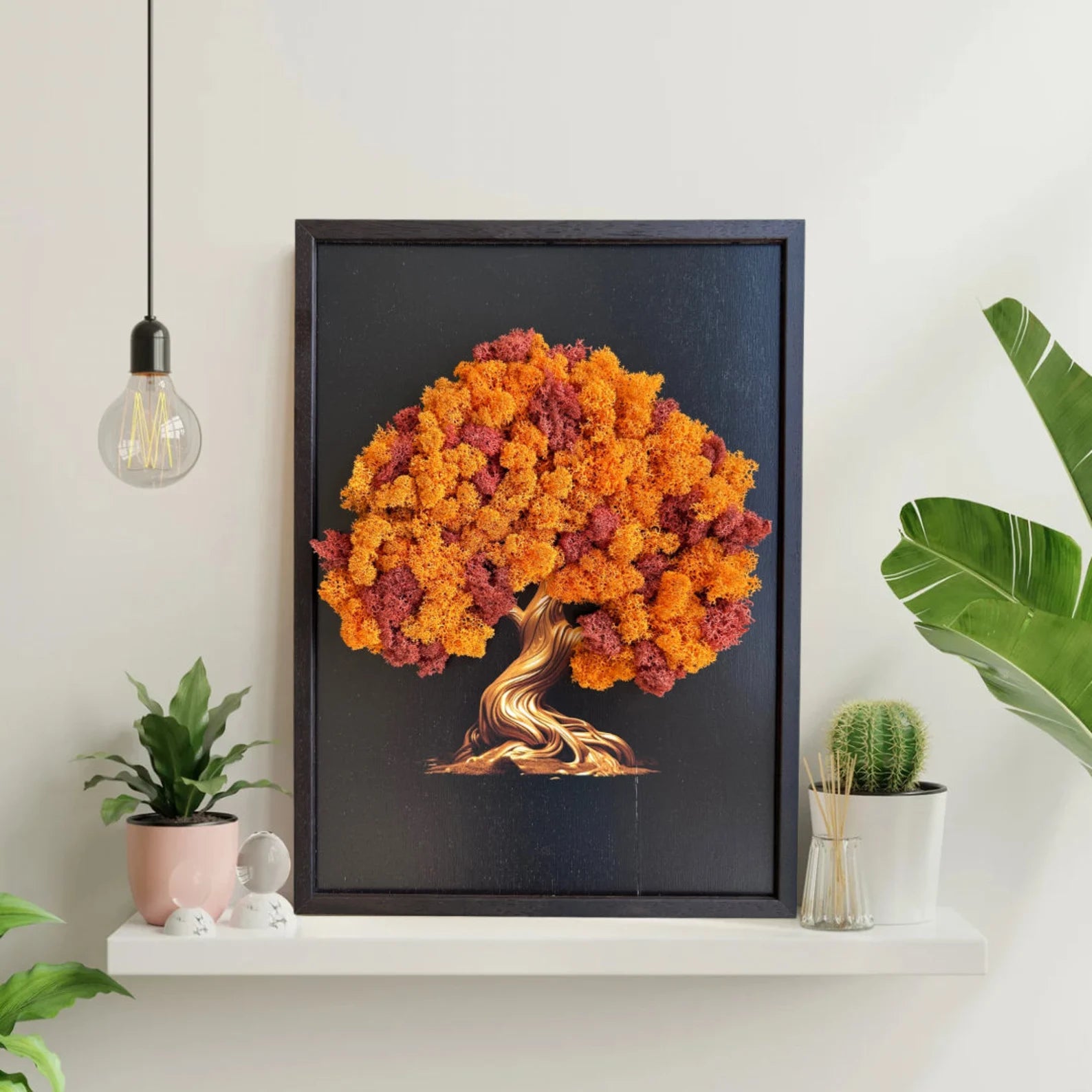 Preserved Moss Tree Wall Art – Black Frame with Natural Wood Accent