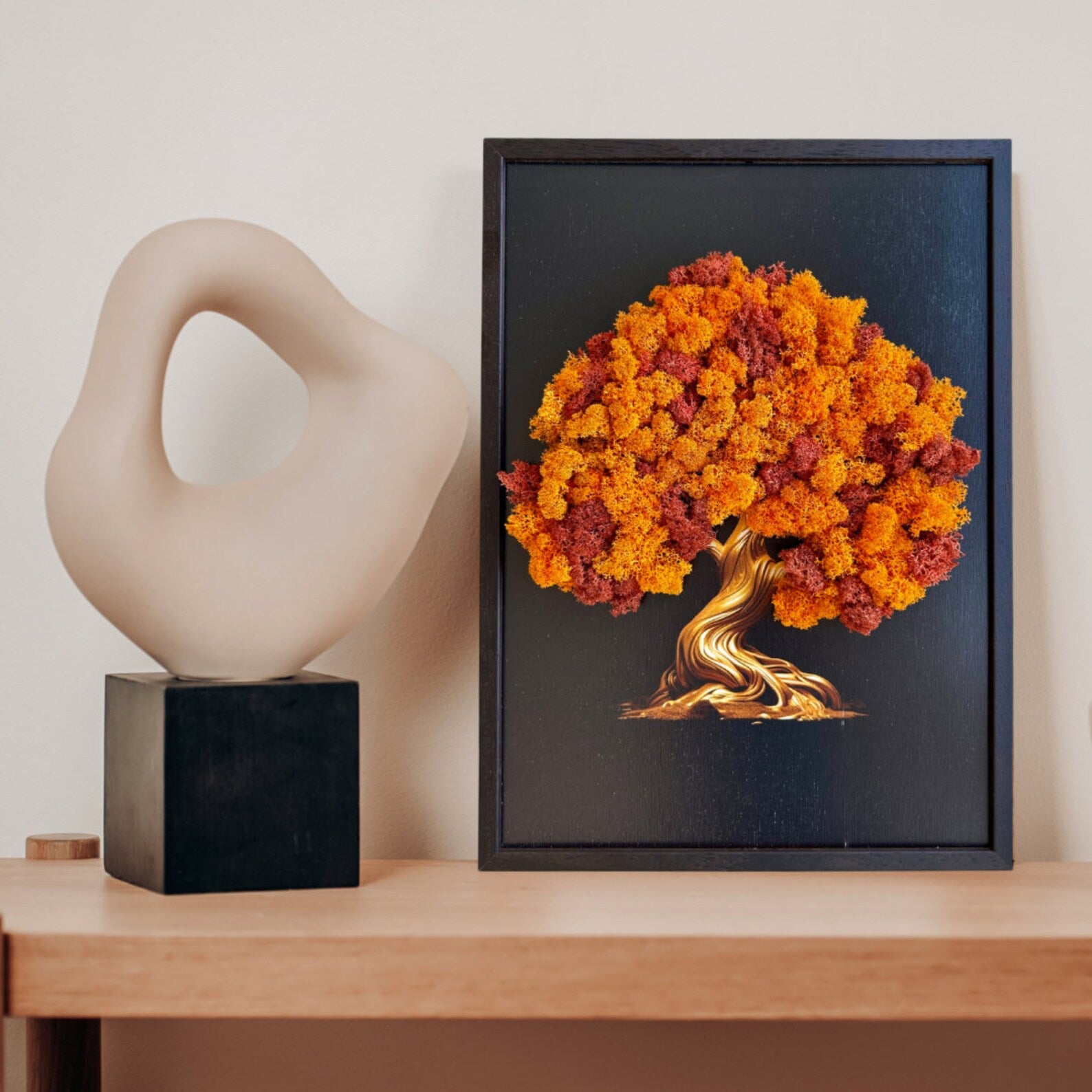Preserved Moss Tree Wall Art – Black Frame with Natural Wood Accent