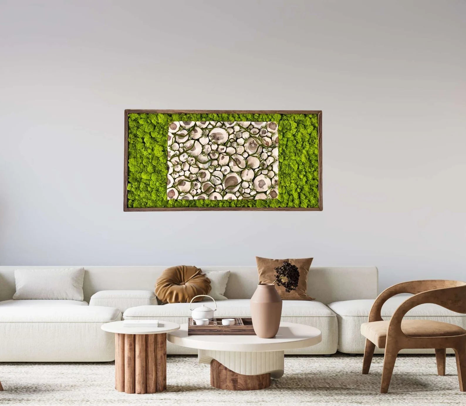 Wood Slice Moss Wall Art – Preserved Green Moss Picture | Farmhouse Decor with Natural Frame