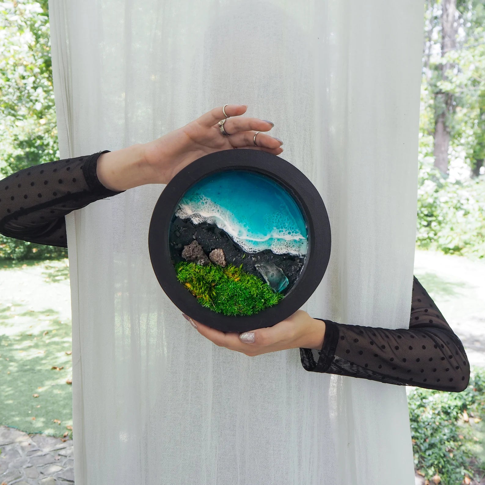 Preserved Moss Wall Art with Epoxy Resin Ocean – Coastal Scandinavian Hanging Sea Decor