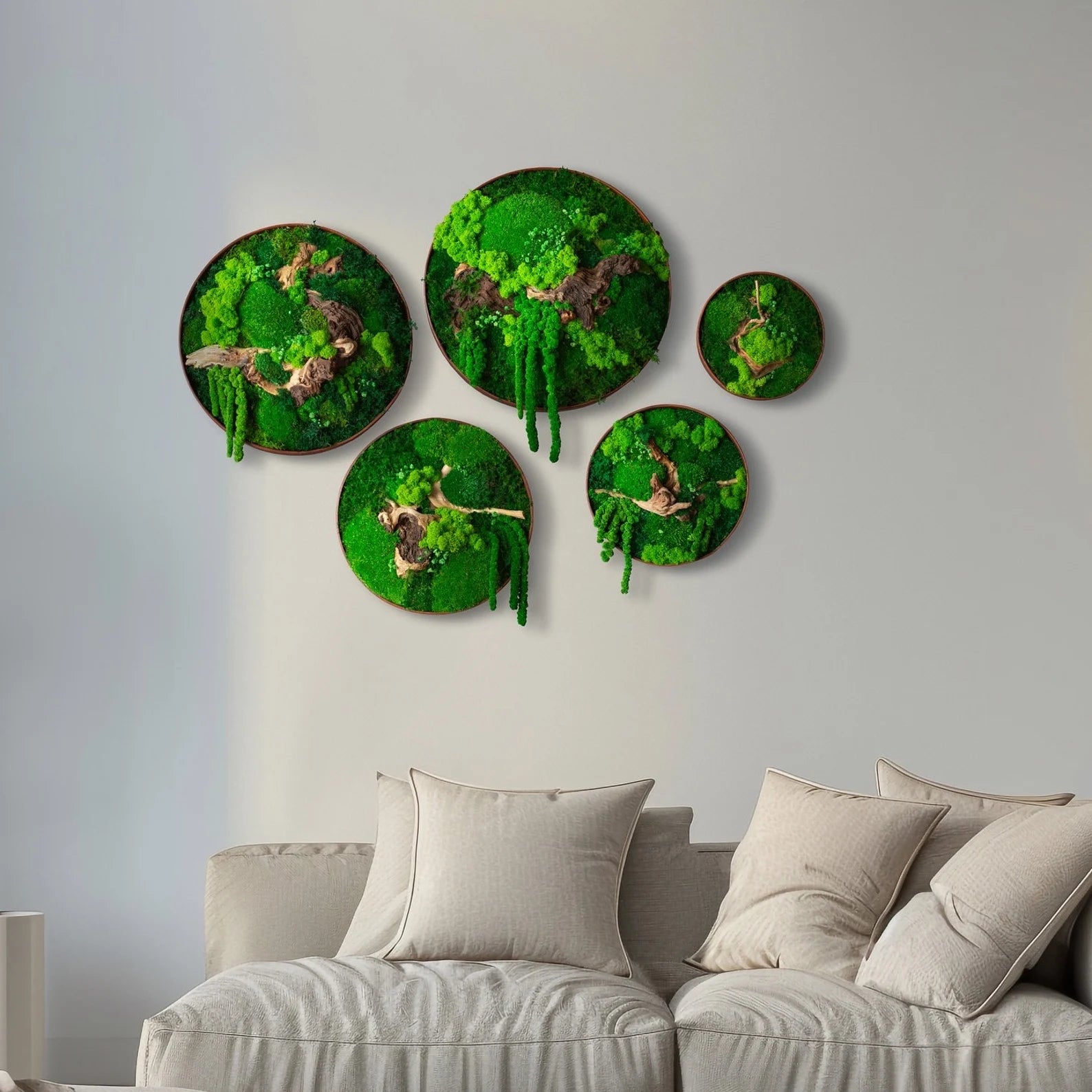 Wooden Moss Wall Art – Circular Green Wall Panel – Handmade Moss Decor