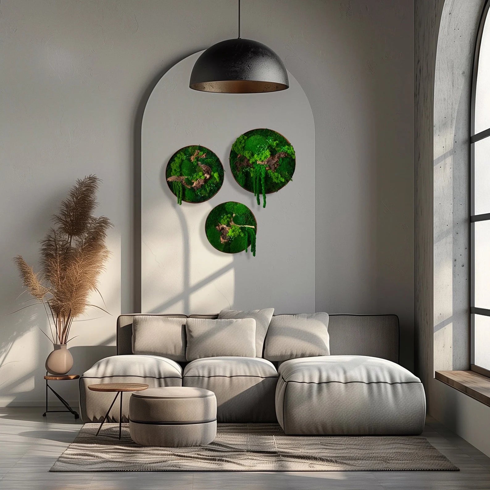 Wooden Moss Wall Art – Circular Green Wall Panel – Handmade Moss Decor