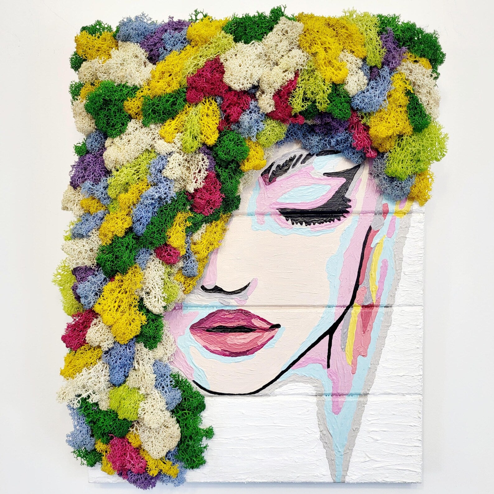 Flora Moss Art Wall Decor | Eco-Friendly Botanical Woman Portrait | Handmade Acrylic Moss Painting