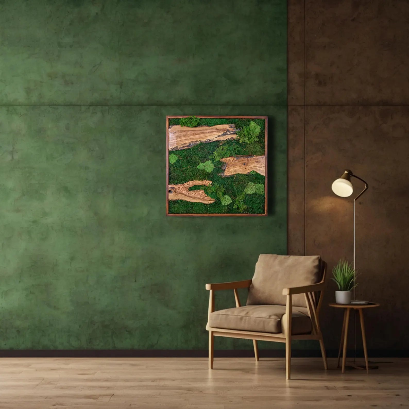 Moss and Olive Wood Wall Art – Square Wooden Frame with Preserved Moss for Living Room Décor