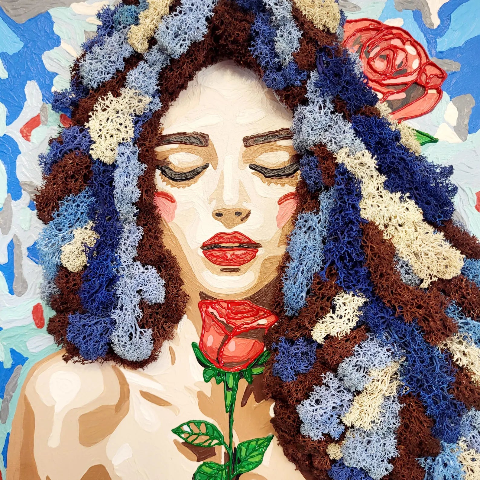 Moss Painting Rose – Colorful Woman Portrait Wall Art | Handmade Eco-Friendly Moss Decor | Unique Gift for Home & Office