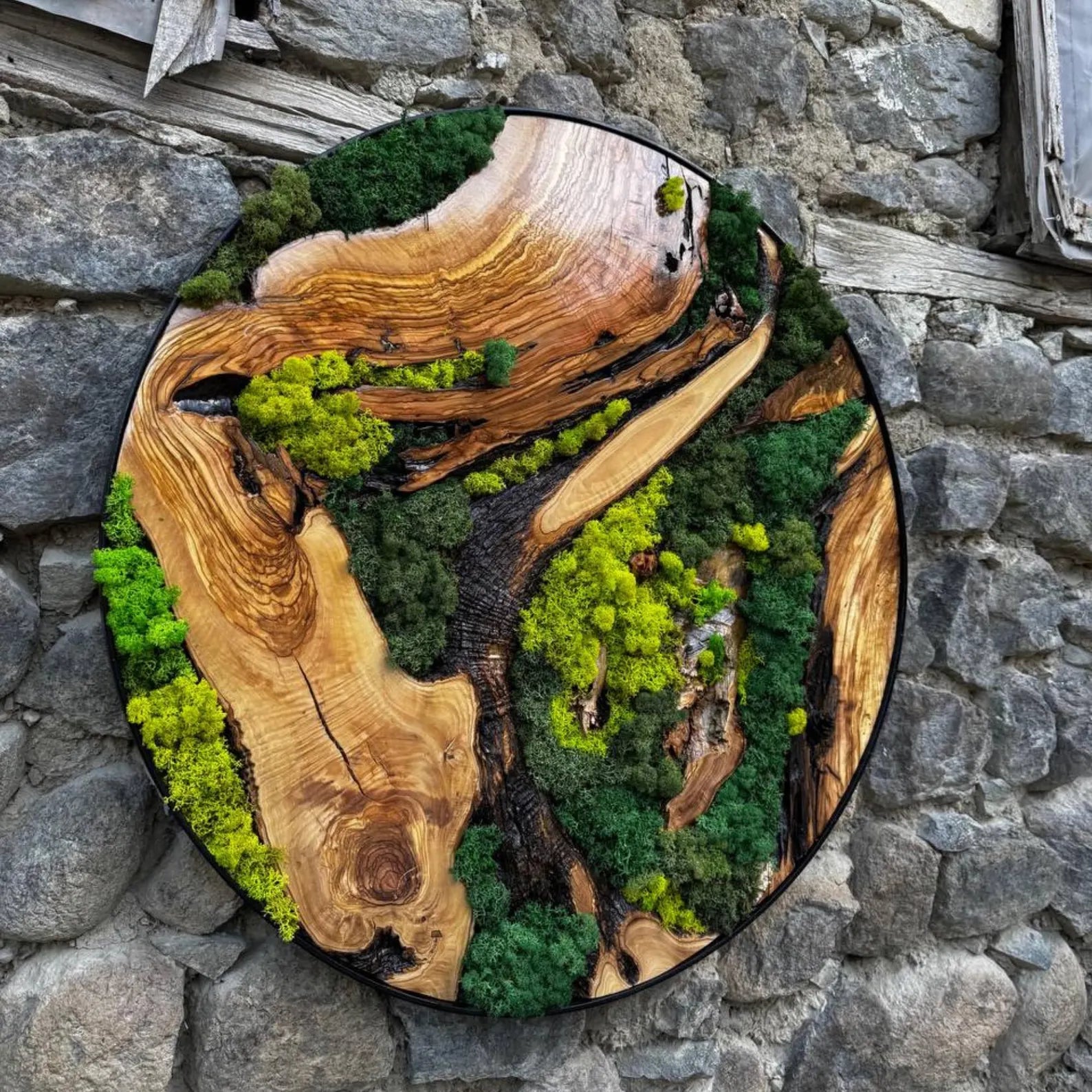 Metal Frame Moss Wall Art – Custom Preserved Moss & Olive Wood Decor