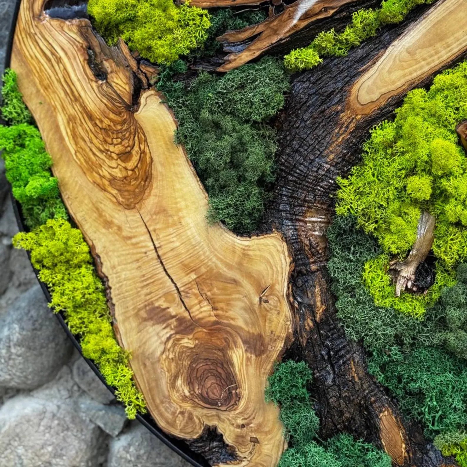 Metal Frame Moss Wall Art – Custom Preserved Moss & Olive Wood Decor