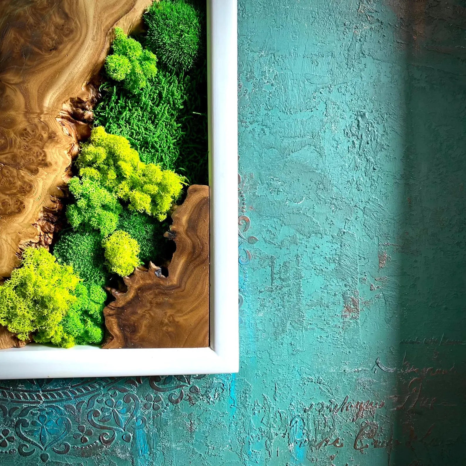 Handcrafted Moss Wall Art with Olive Wood – Rustic Wooden Home Decor