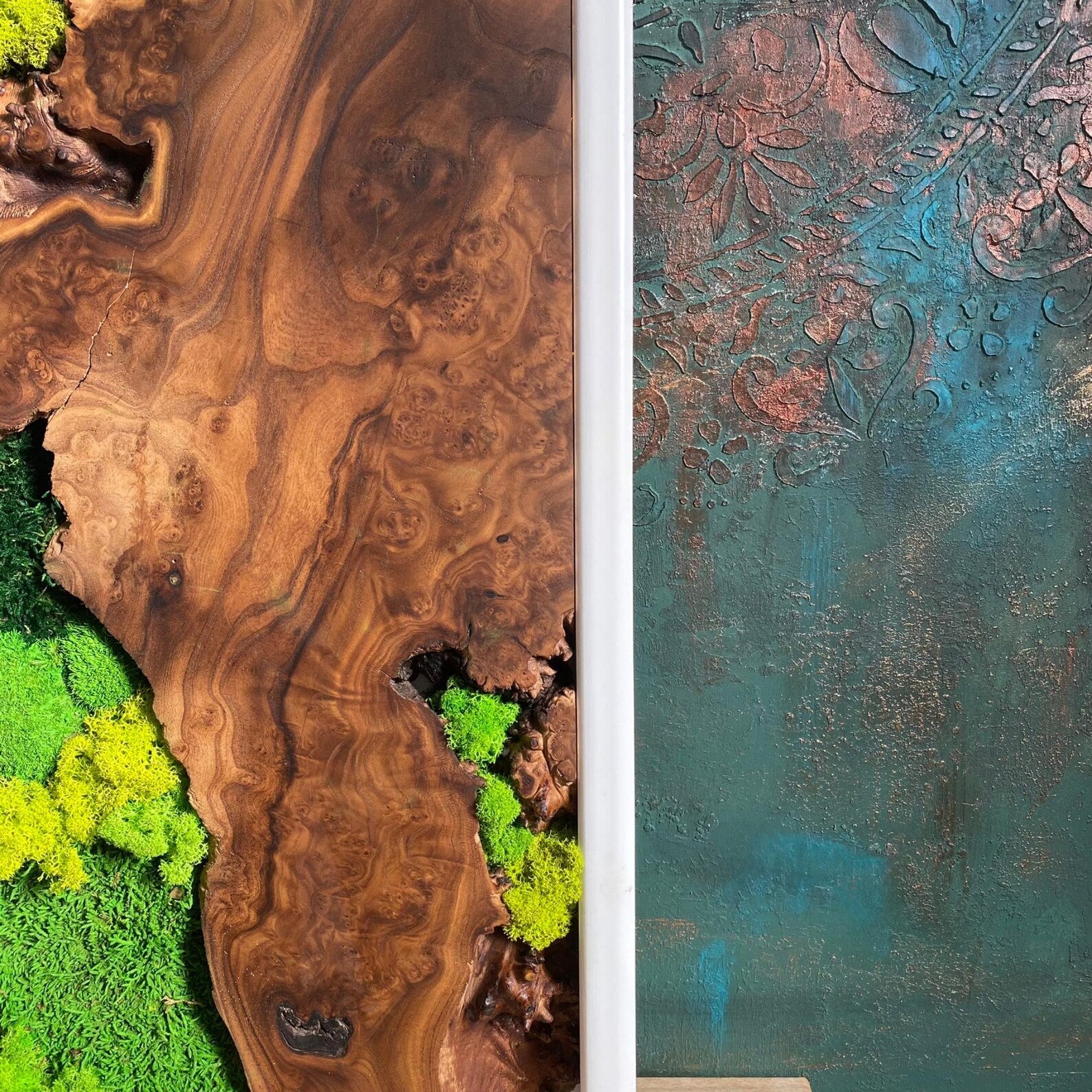 Handcrafted Olive Wood & Preserved Moss Wall Art – Live Edge Rustic Decor
