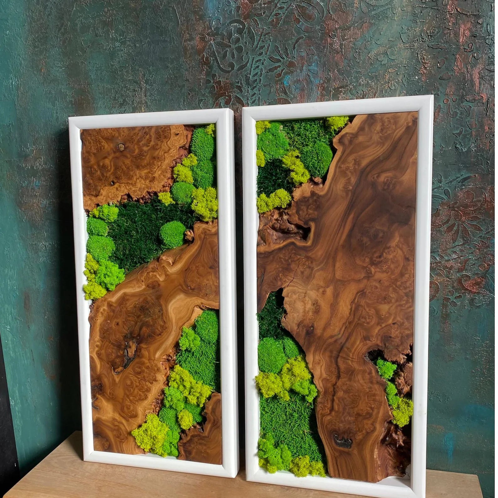 Handcrafted Olive Wood & Preserved Moss Wall Art – Live Edge Rustic Decor