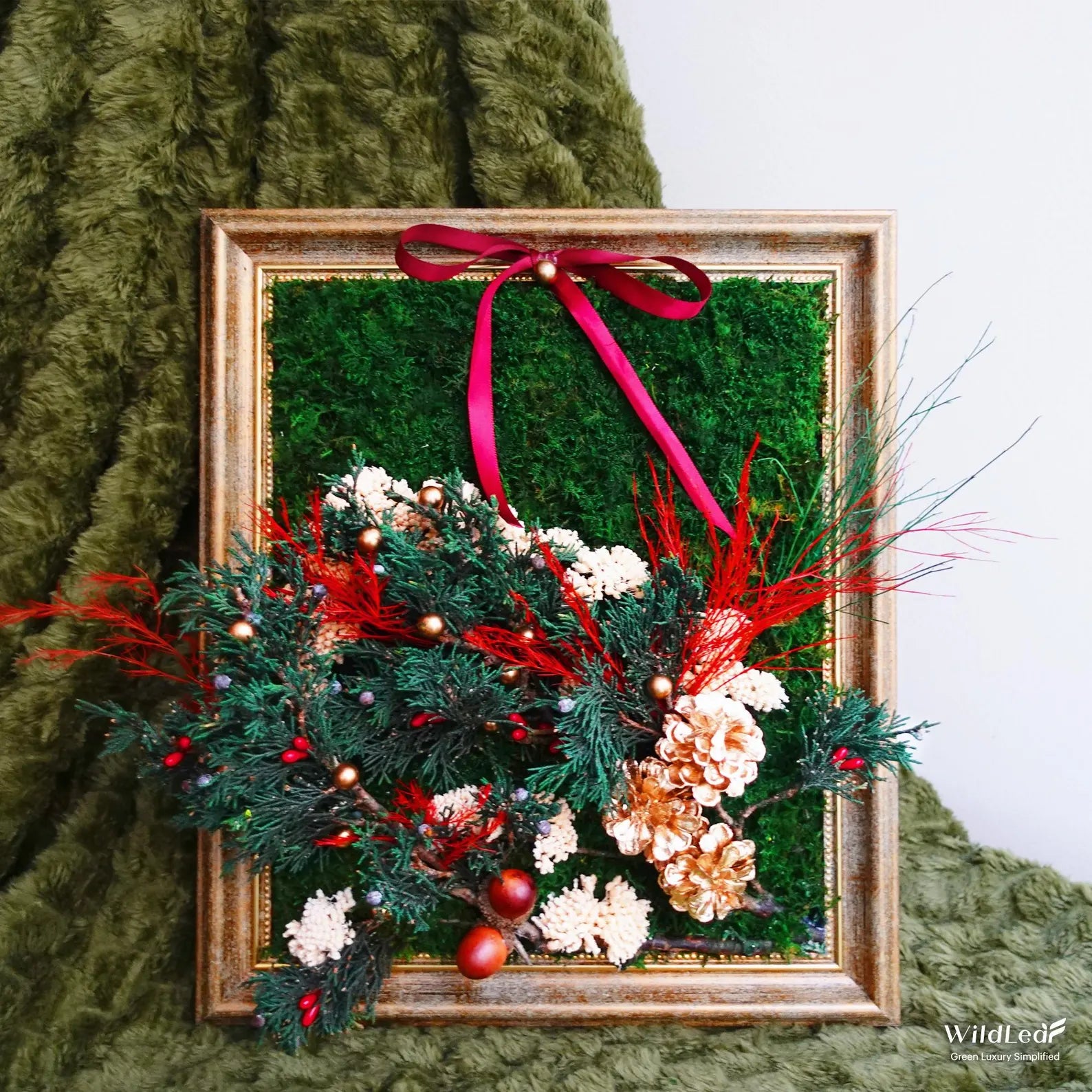 Framed Christmas Moss Wall Art – Golden Pinecones & Red Ribbon Holiday Decor