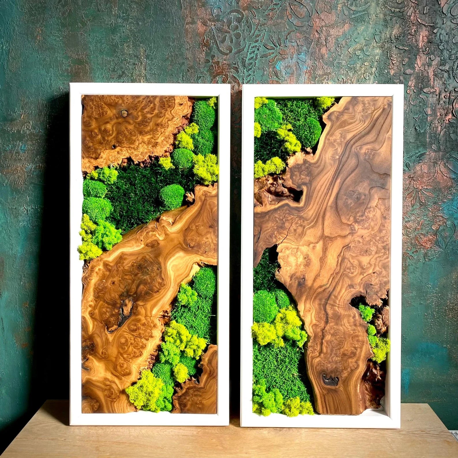 Handcrafted Olive Wood & Preserved Moss Wall Art – Live Edge Rustic Decor