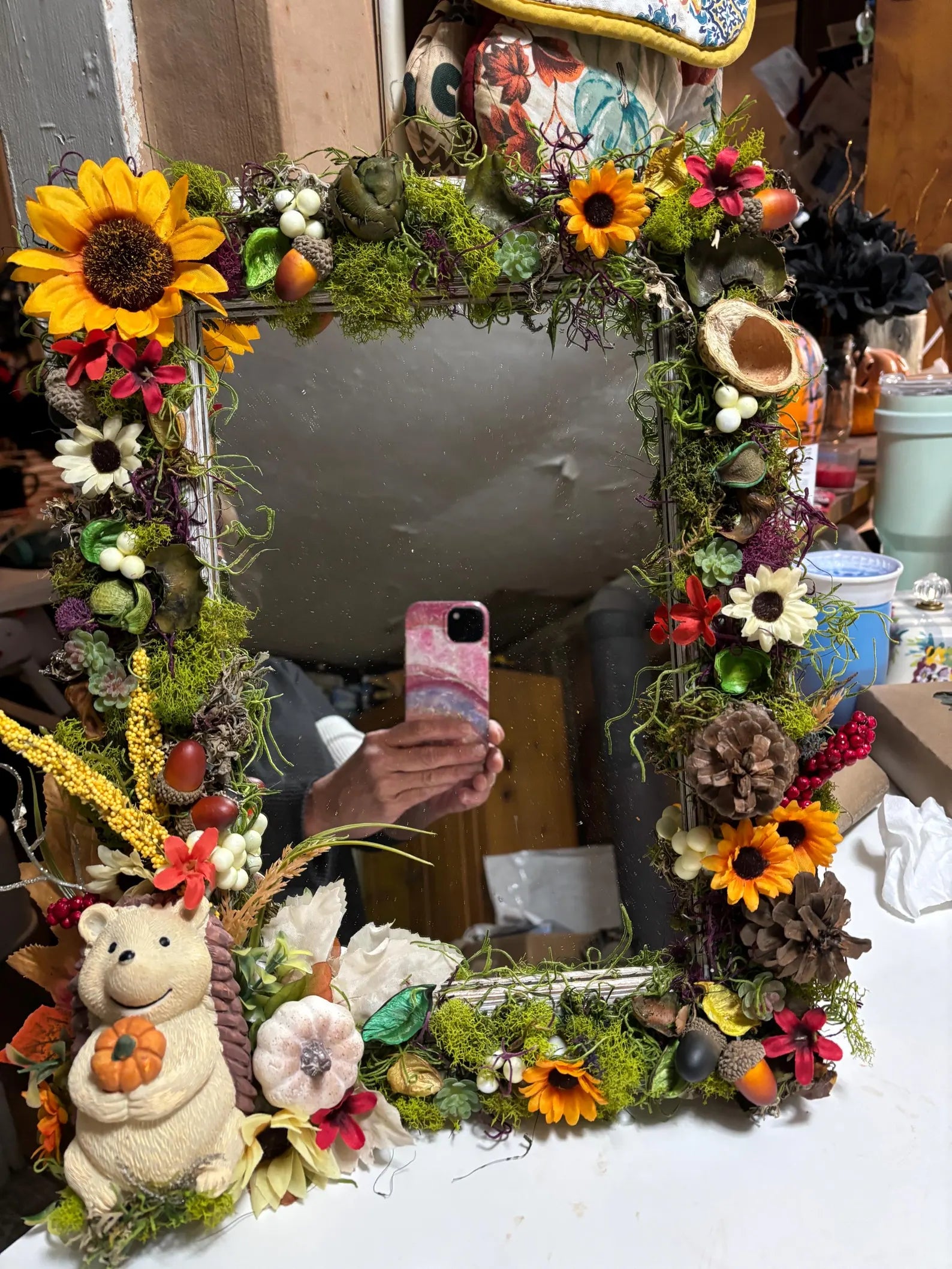 Moss Mirror – Woodland Hedgehog Decor with Fall Floral Frame (16x14x4)