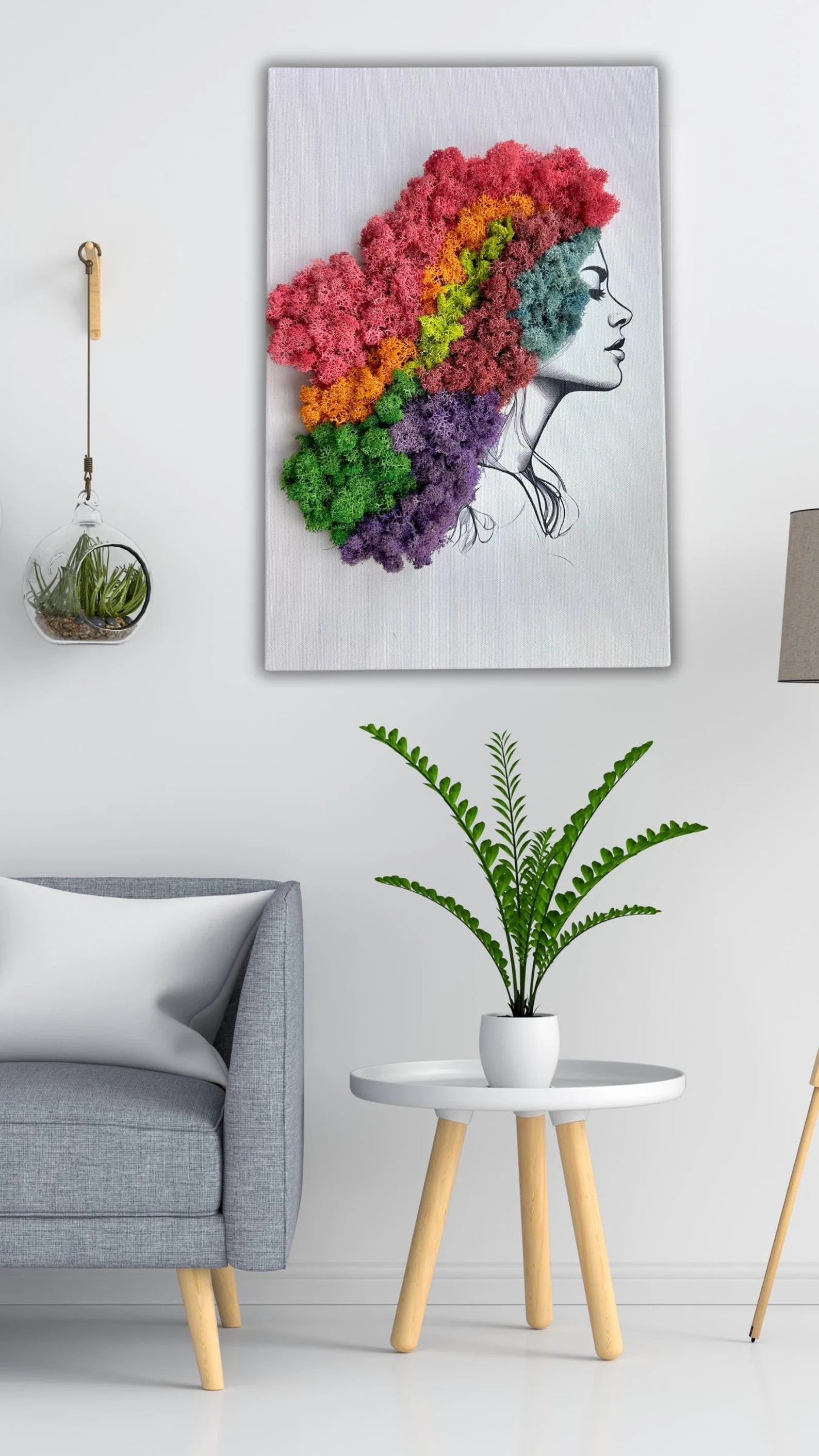 Unique Girl Face Moss Wall Art – Handmade Preserved Reindeer Moss Canvas Decor