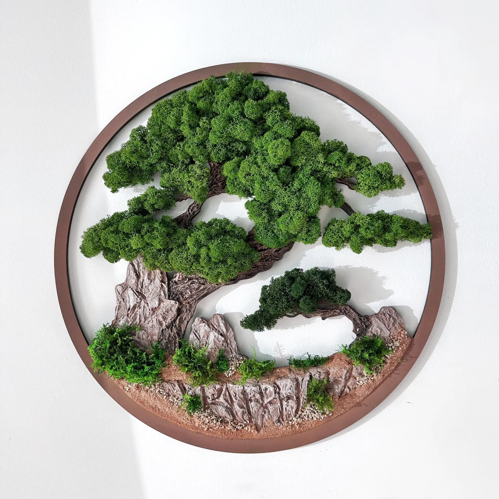 Preserved Moss Bonsai Tree Wall Art in Natural Wood Frame – Japanese-Inspired Green Wall Decor for Home or Office – Gift for Boss