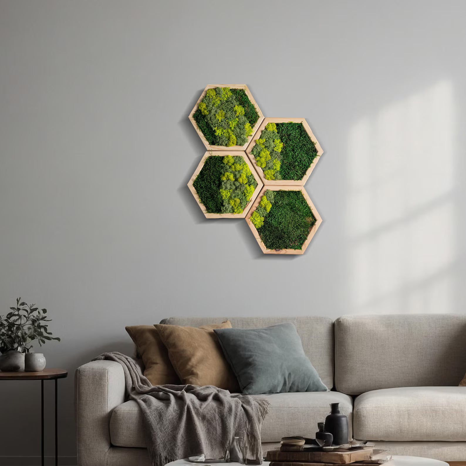 Hexagon Wall Moss Decor, Preserved Moss Art Framed, Honeycomb Wood And Moss Wall Art, Wall Hangings, Anniversary Gifts, Living Room Decor