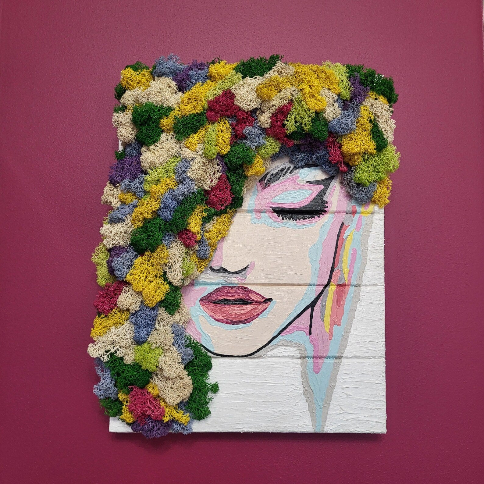 Flora Moss Art Wall Decor | Eco-Friendly Botanical Woman Portrait | Handmade Acrylic Moss Painting