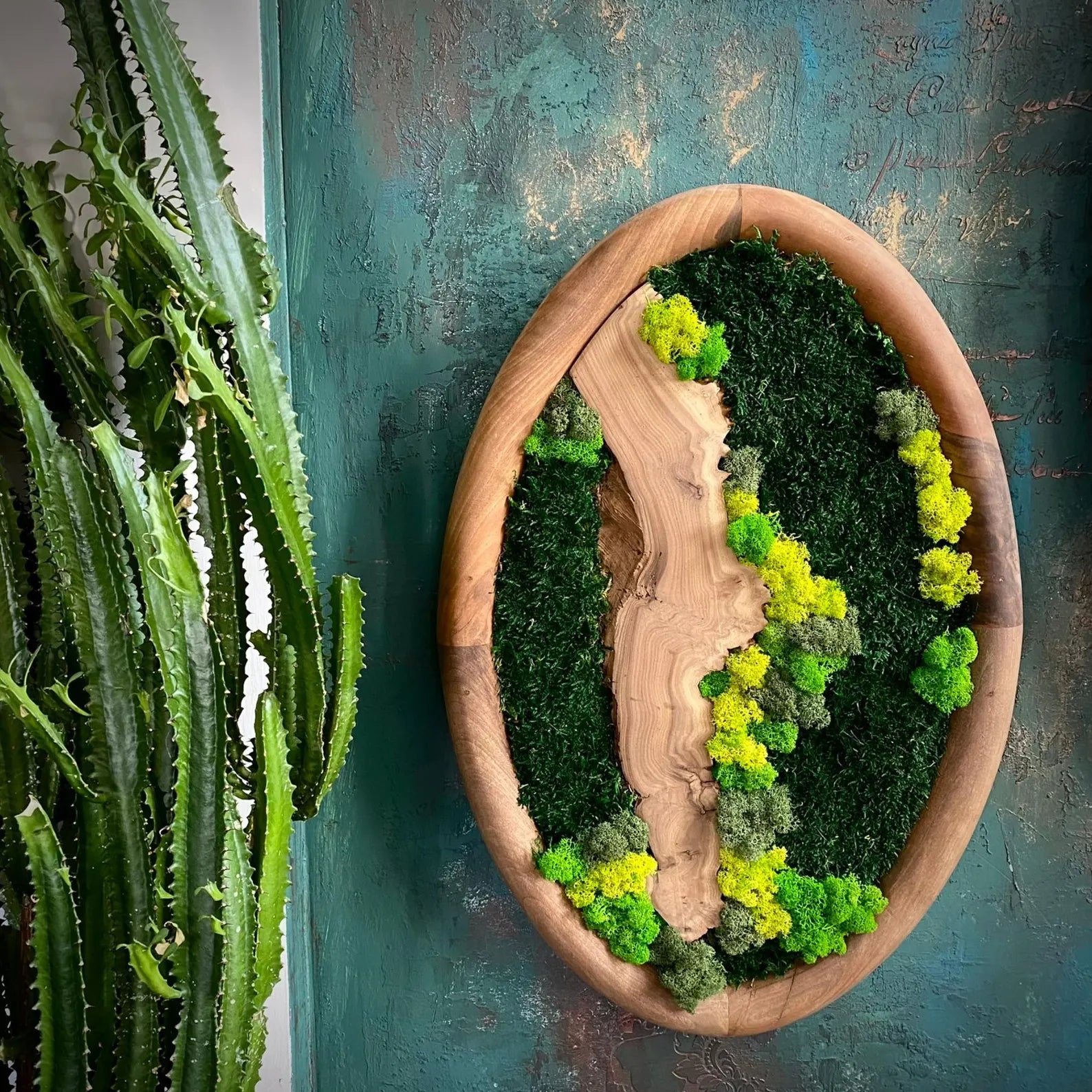 Walnut-Framed Oval Moss Art Set – Olive and Silverberry Wood Wall Decor, Nature-Inspired Home Gift