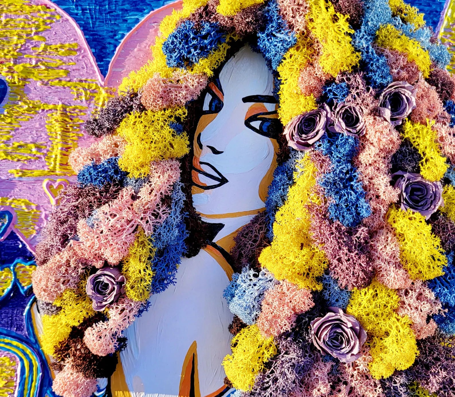 Moss Painting “Love” – Colorful Woman Portrait Wall Art, Handmade Eco-Friendly Moss Decor