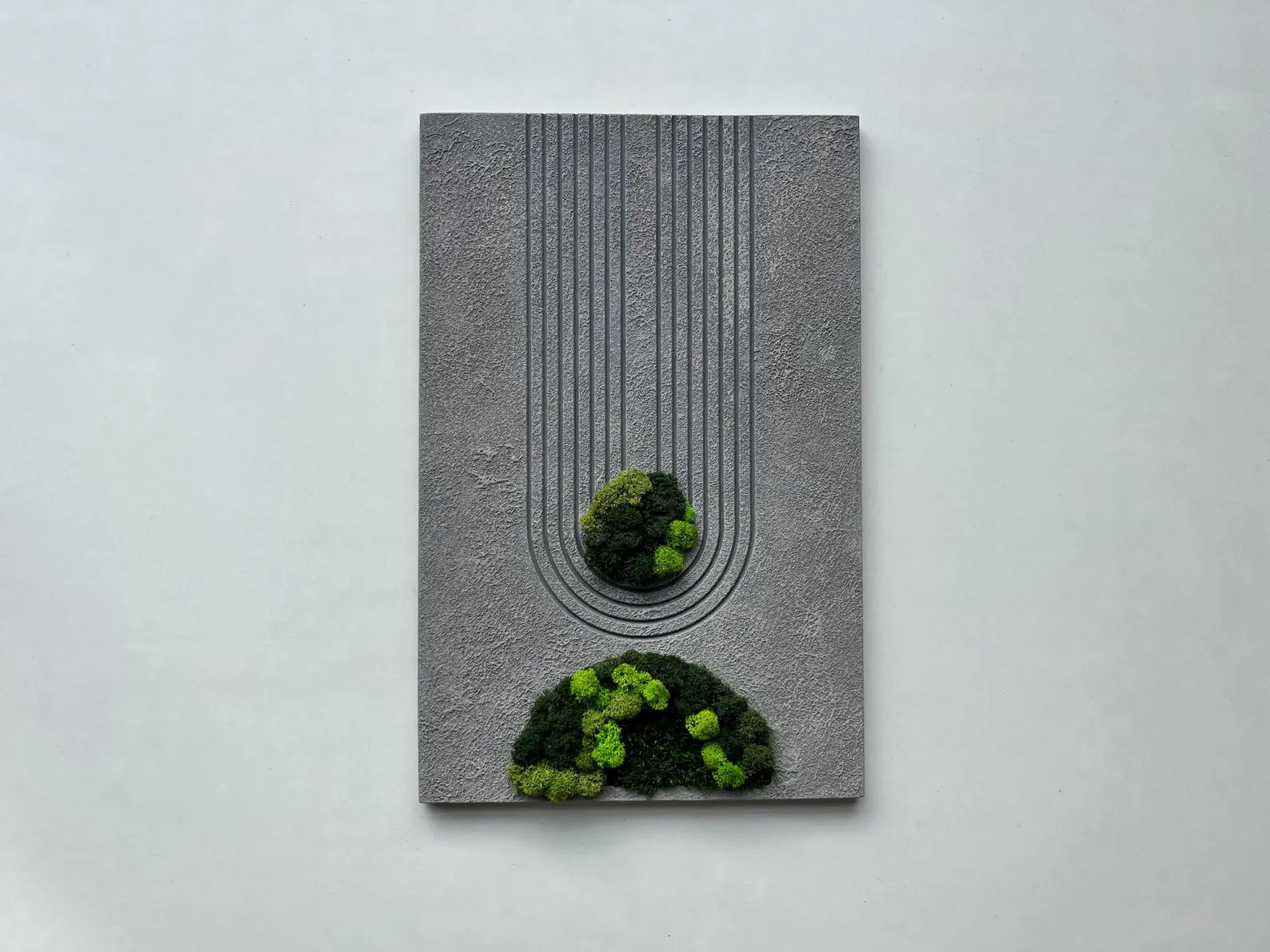 Gray Textured Wall Art with Preserved Moss – Modern Carved Decor