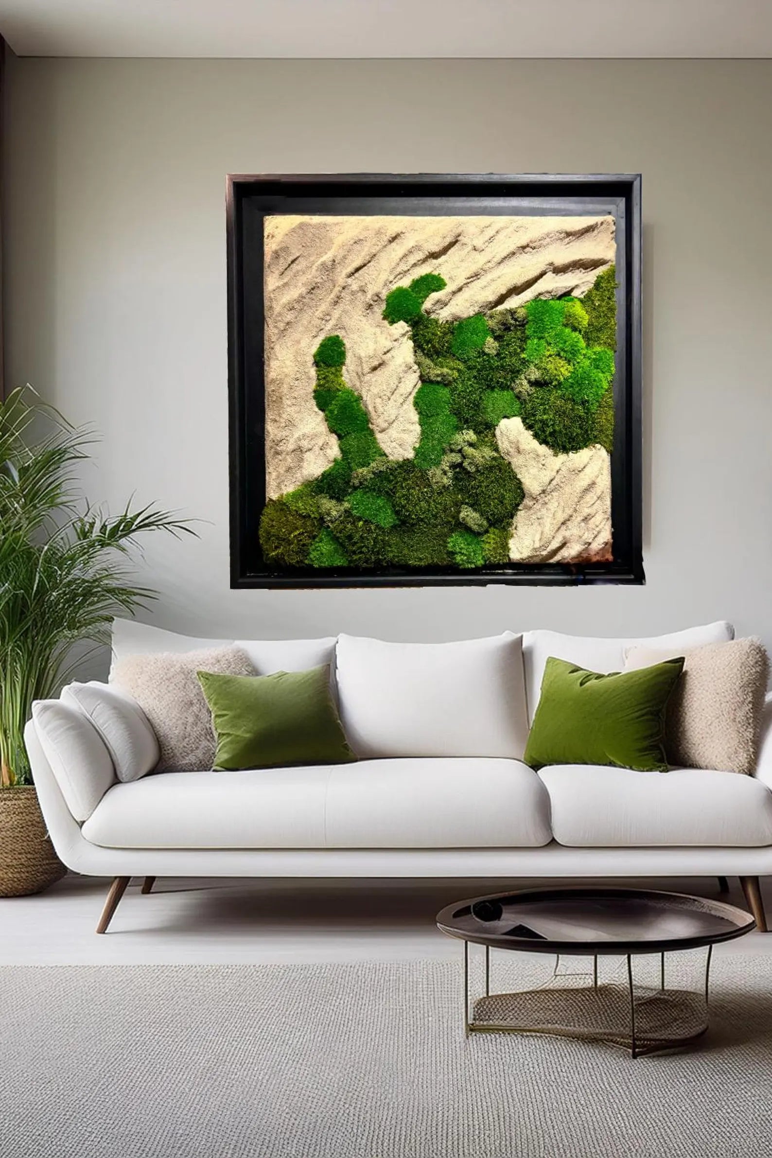 Natural Rock Moss Wall Art – Preserved Green Decor with Wood & Stone Details | Modern Nature-Inspired Gift