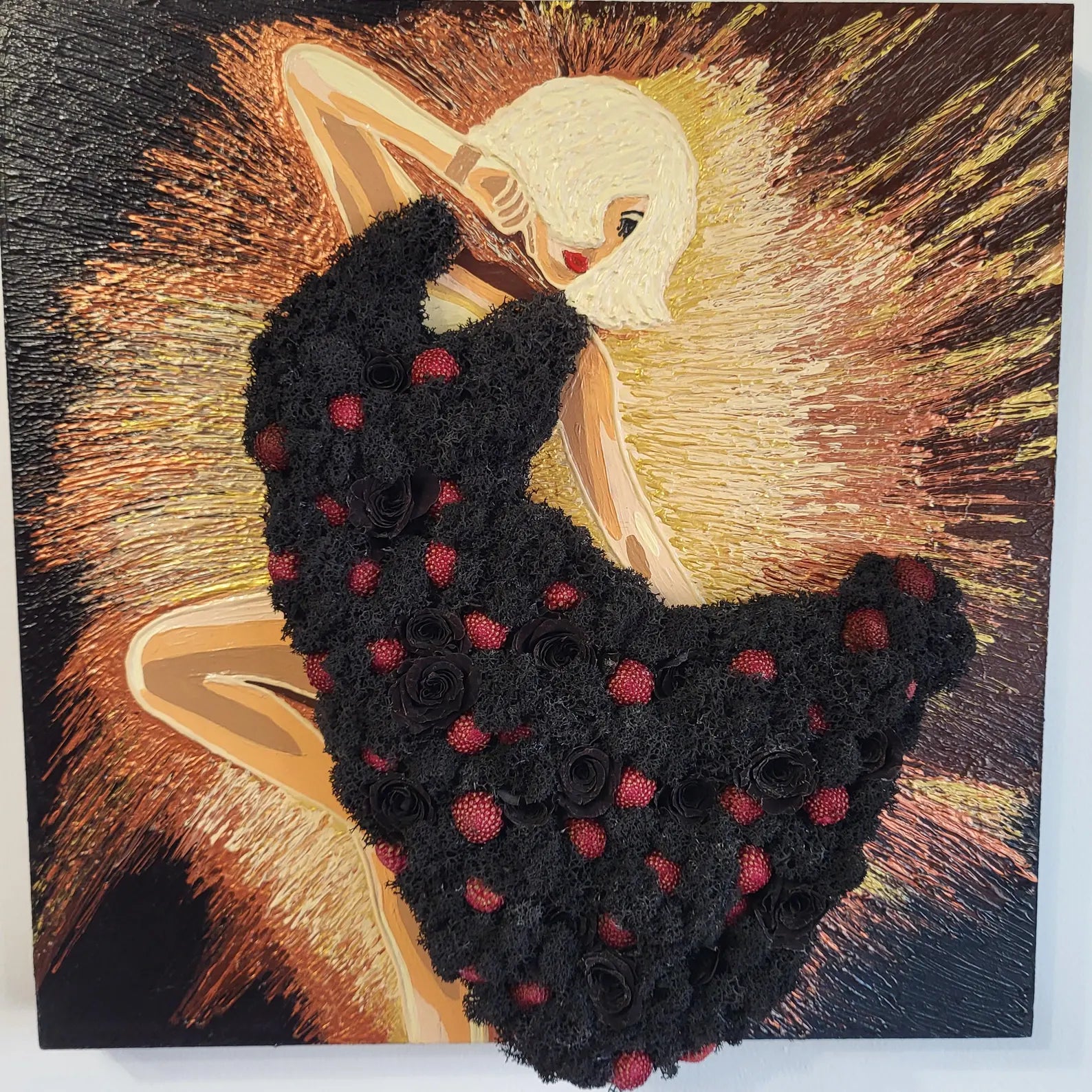 Moss Painting – Woman in Black Dress Colorful Moss Wall Art | Eco-Friendly Handmade Decor for Home or Office