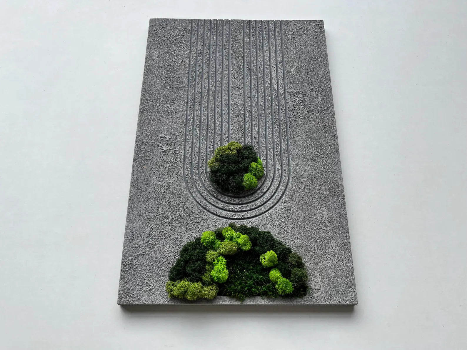 Gray Textured Wall Art with Preserved Moss – Modern Carved Decor
