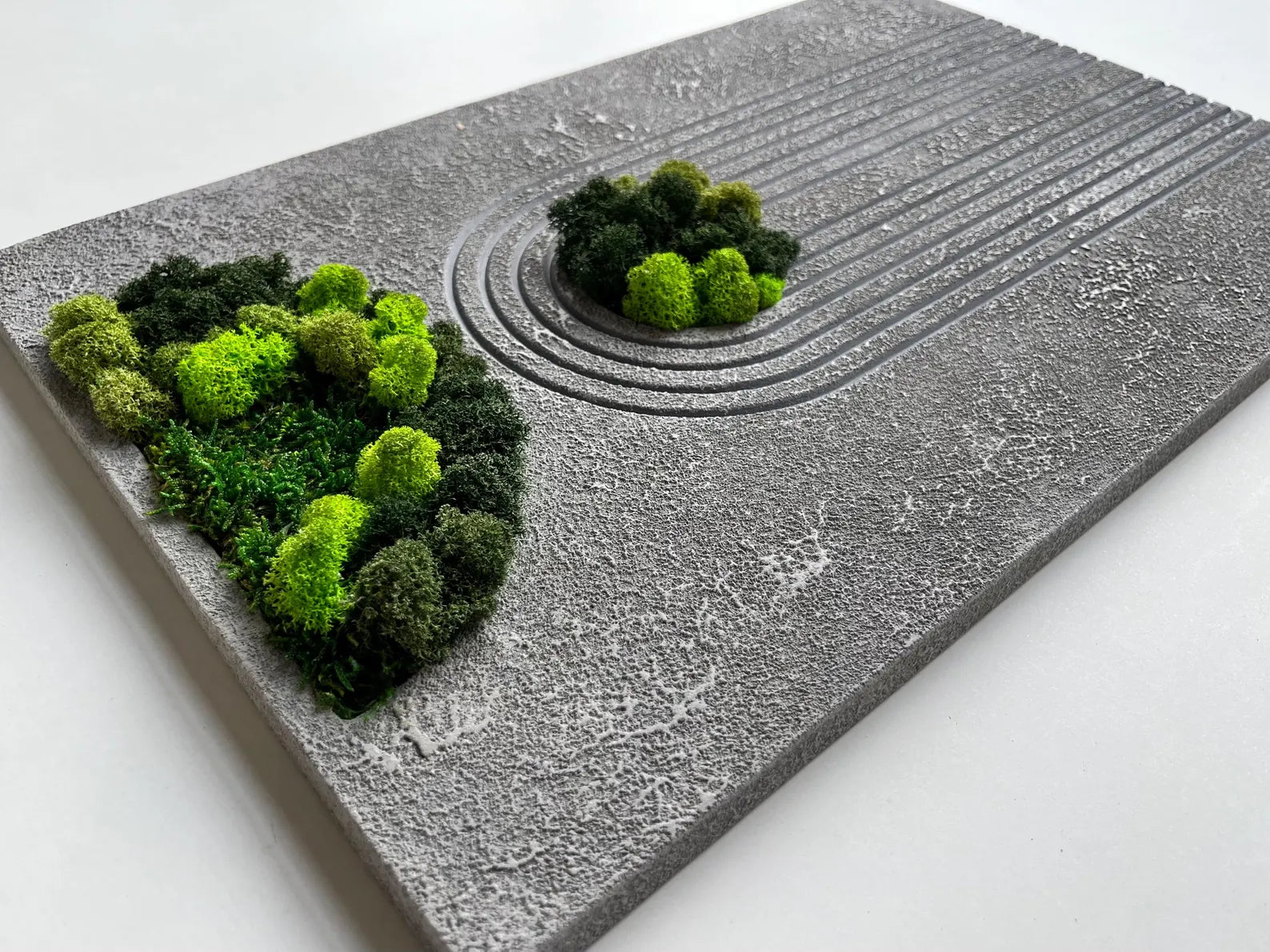 Gray Textured Wall Art with Preserved Moss – Modern Carved Decor