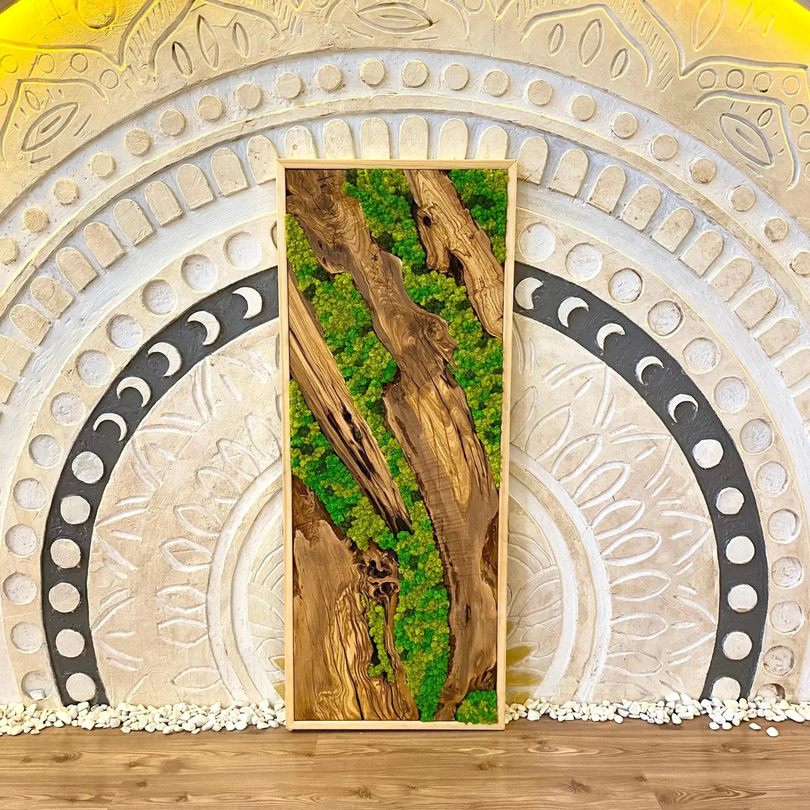 Handcrafted Olive Wood & Moss Wall Art – Preserved Moss Wall Decor & Natural Wall Hanging