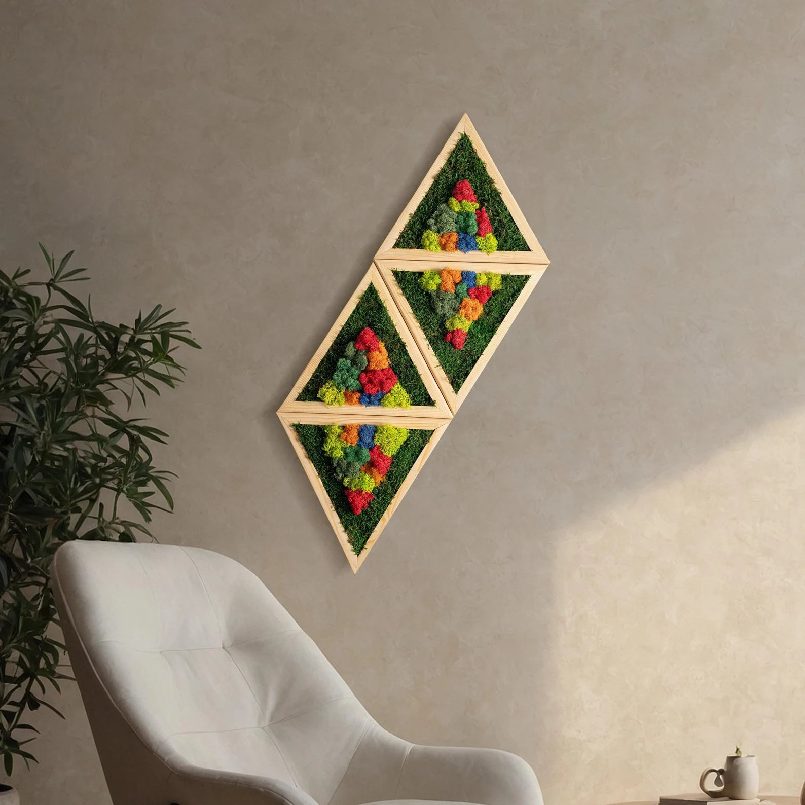 Triangle Moss Wall Decor – Preserved Colorful Wood & Moss Art | Living Room Wall Hanging & Anniversary Gift