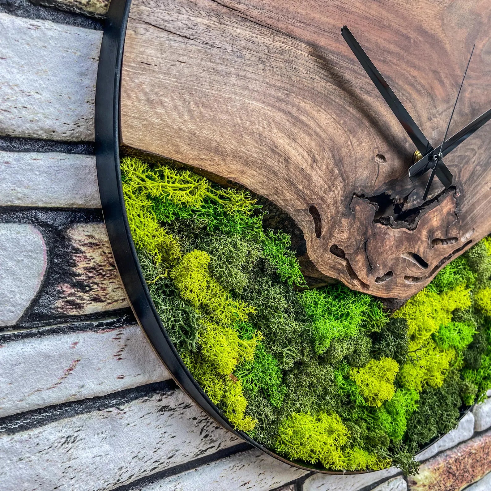 Walnut Moss Wall Clock – Natural Wood & Preserved Green Moss Decor