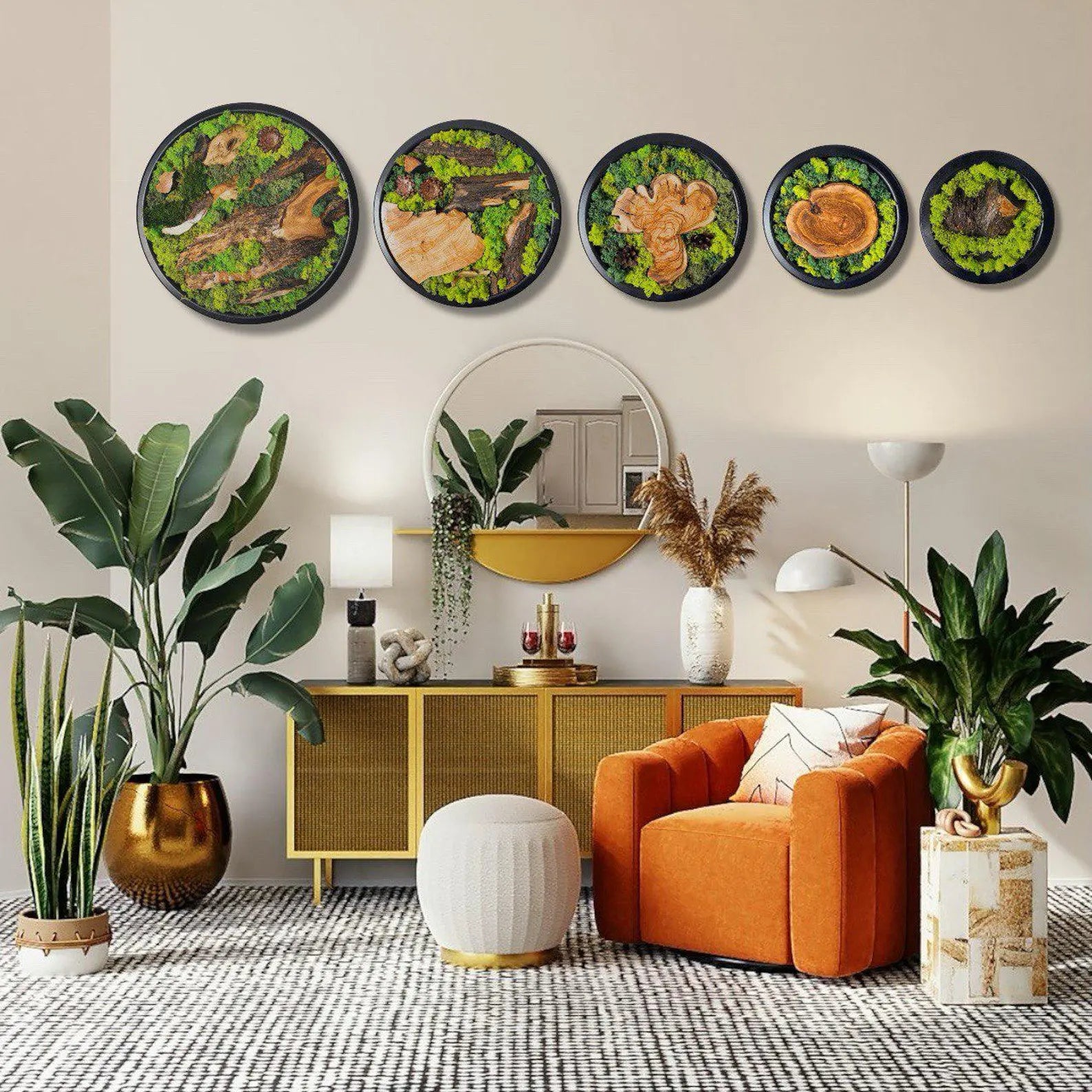 Moss and Wood Wall Art – Round Olive Wood Frame Set of 5 | Green Nature-Inspired Decor