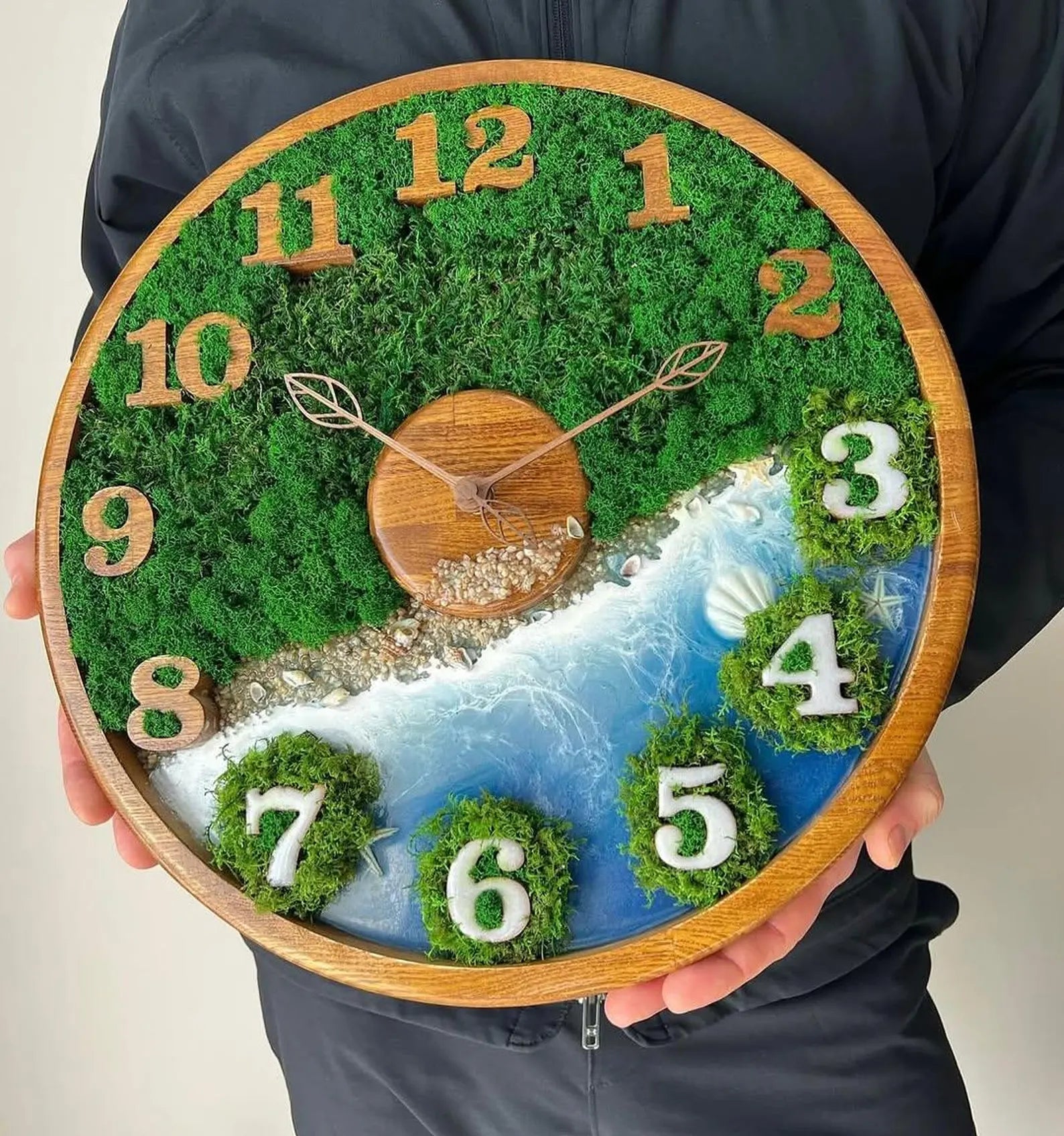 Unique Moss Wall Clock – Preserved Moss & Sky Blue Epoxy Ocean Art