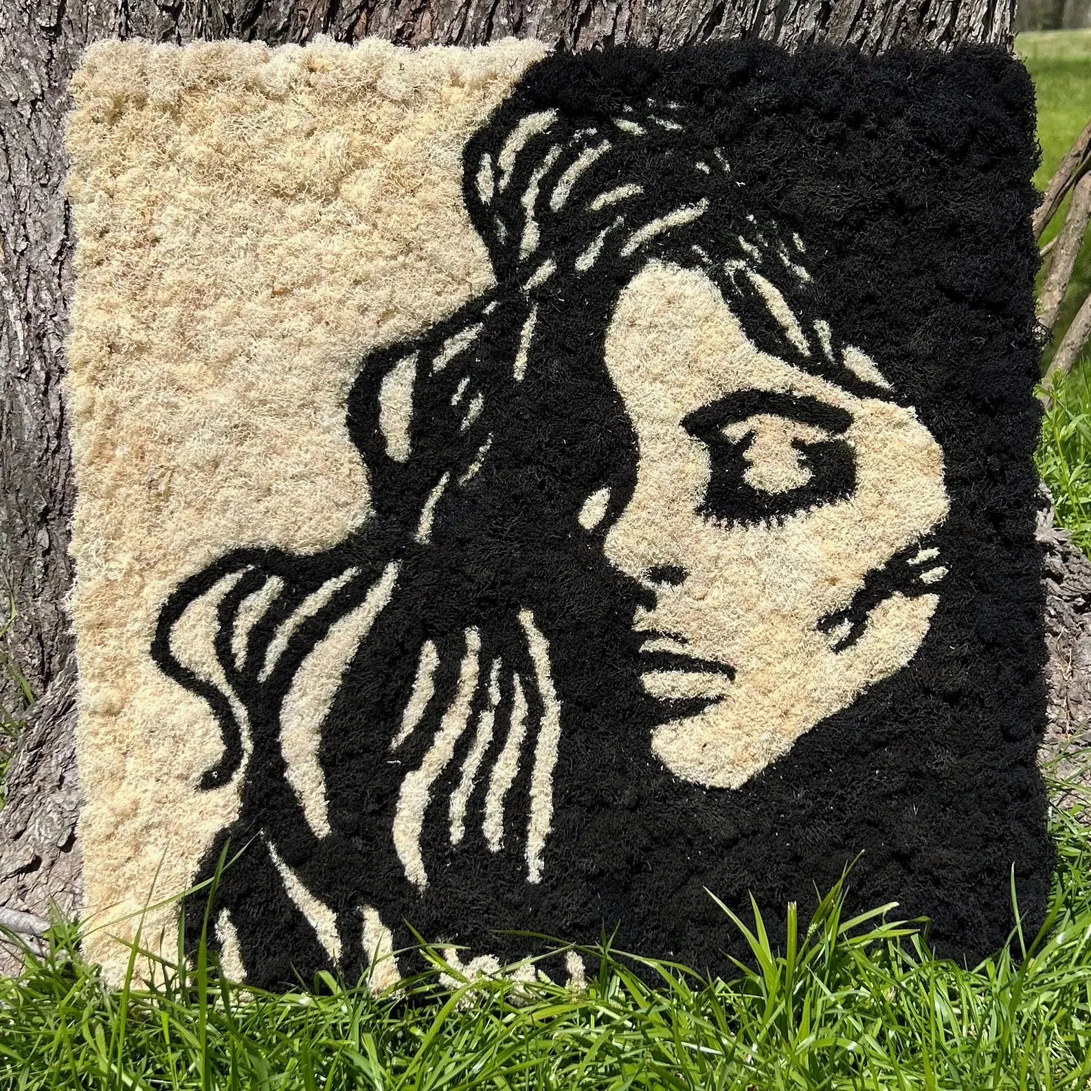 Reindeer Moss Wall Art – Woman’s Profile in Black & Beige, Handmade Nature Decor