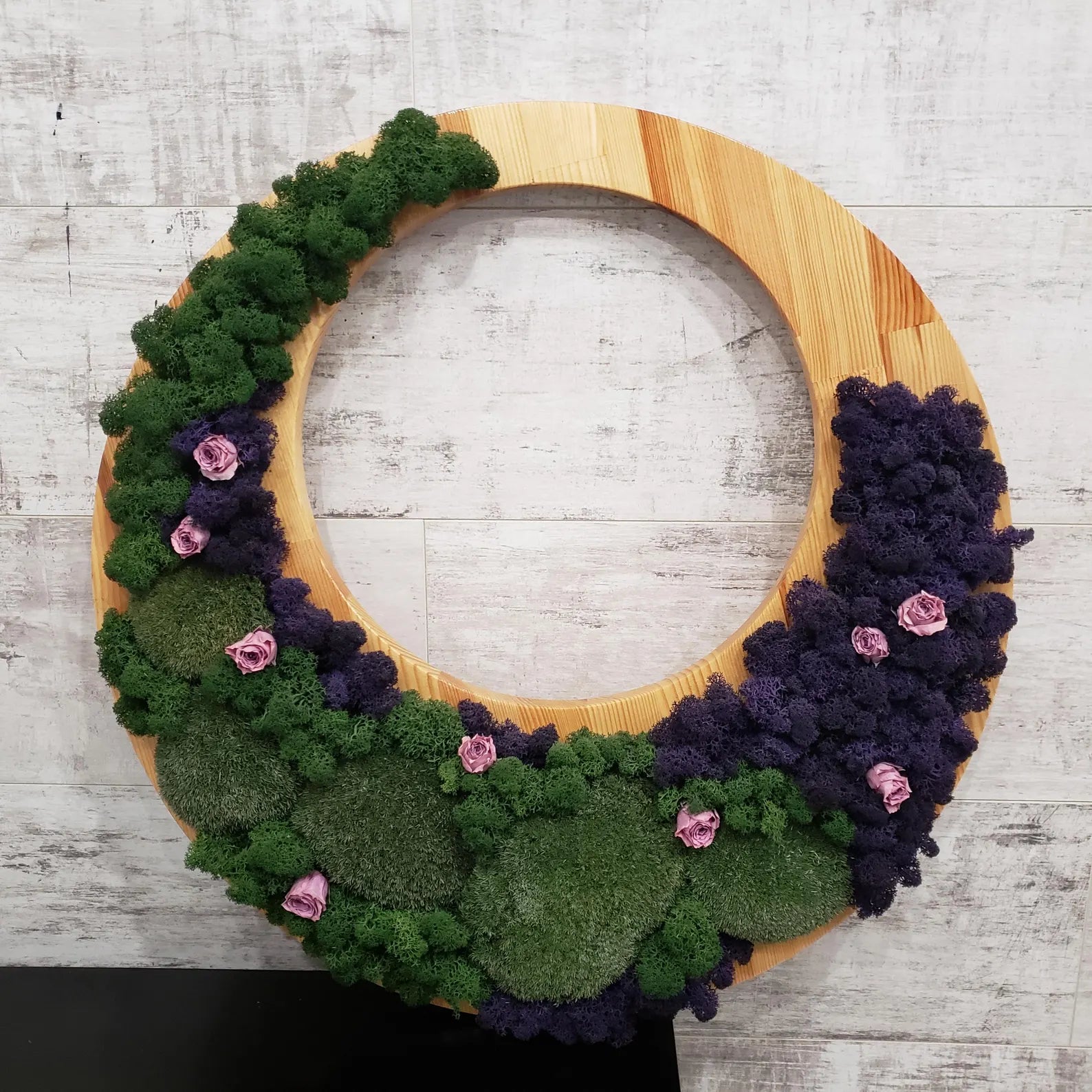Round Live Moss and Rose Wall Art – Unique Handmade Decor on Natural Wood Base (540x540mm) – No Tariffs USA