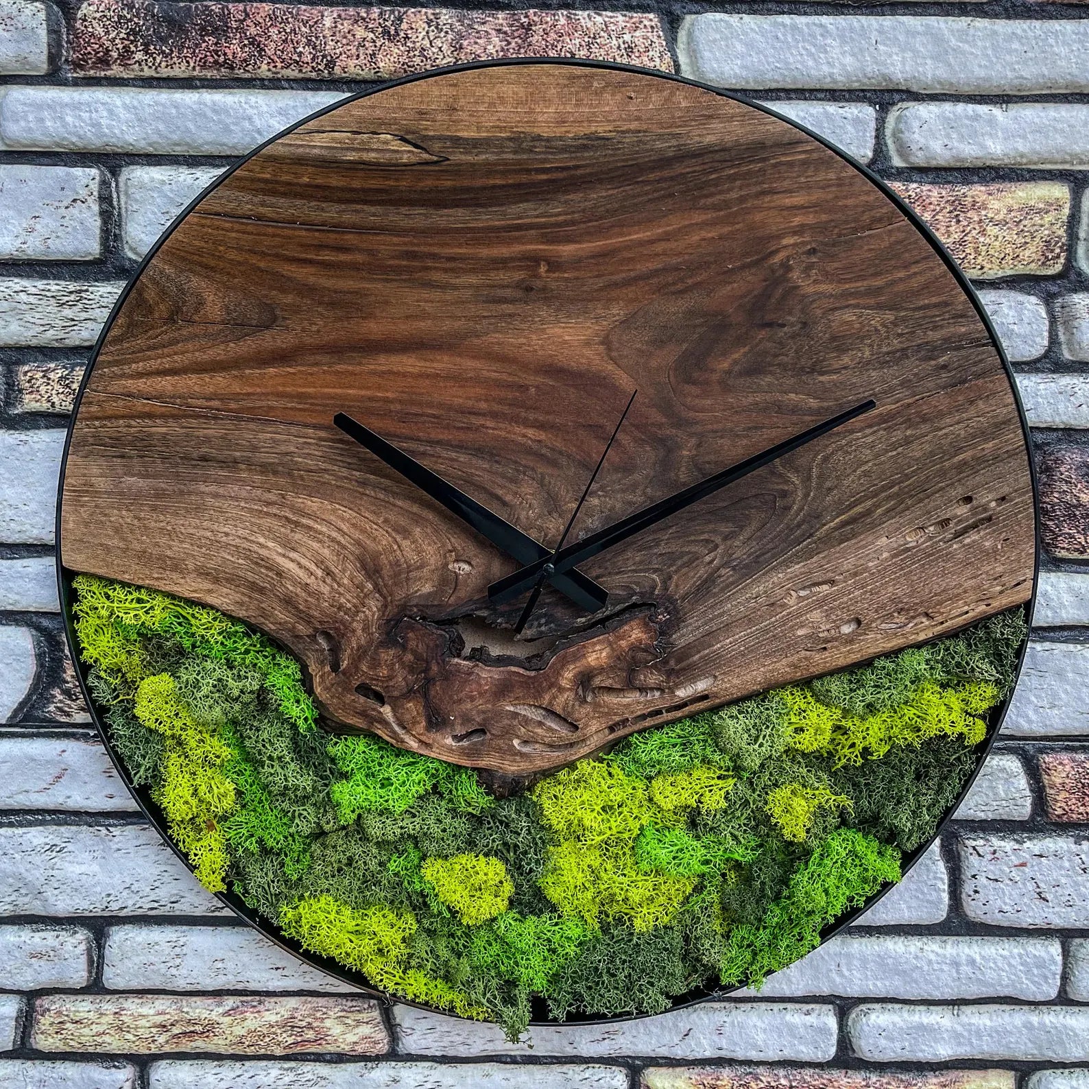 Walnut Moss Wall Clock – Natural Wood & Preserved Green Moss Decor