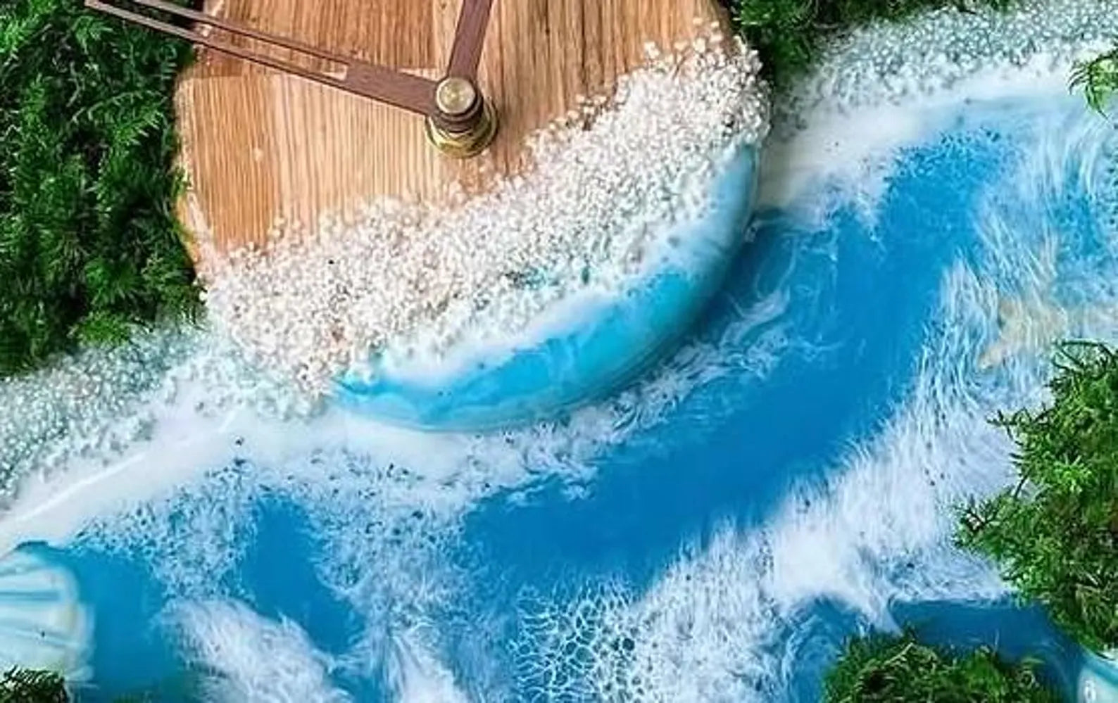 Unique Moss Wall Clock – Preserved Moss & Sky Blue Epoxy Ocean Art