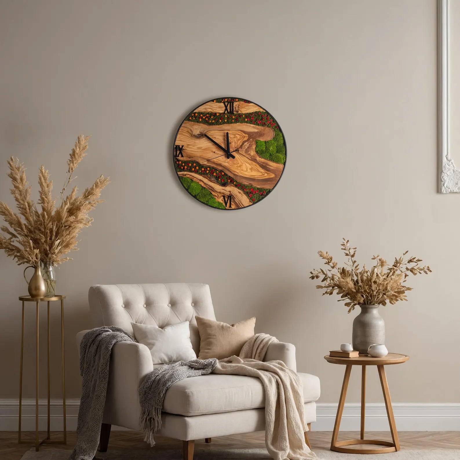 Moss Olive Wood Wall Clock – Preserved Moss Clock with Metal Frame | Unique Moss Wall Art & Housewarming Gift