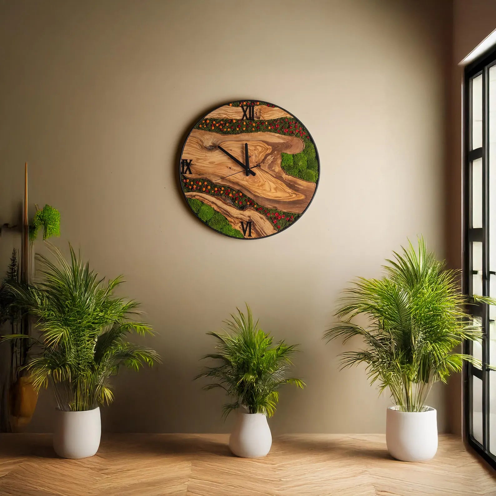 Moss Olive Wood Wall Clock – Preserved Moss Clock with Metal Frame | Unique Moss Wall Art & Housewarming Gift