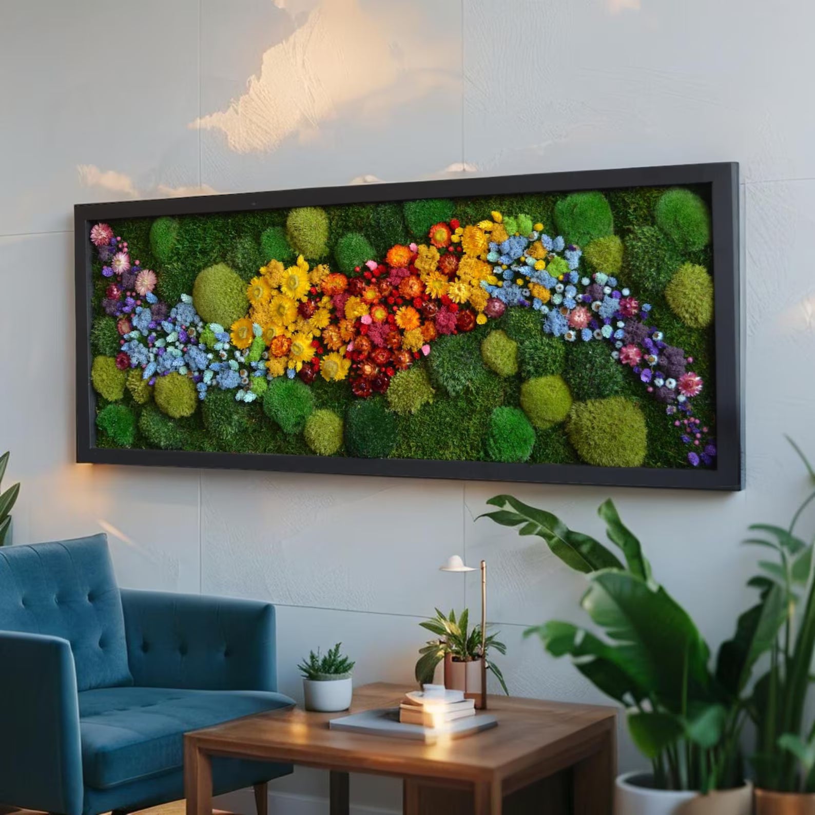 Multi-Toned Floral Moss Wall Art – Preserved Moss & Dried Flower Frame Décor