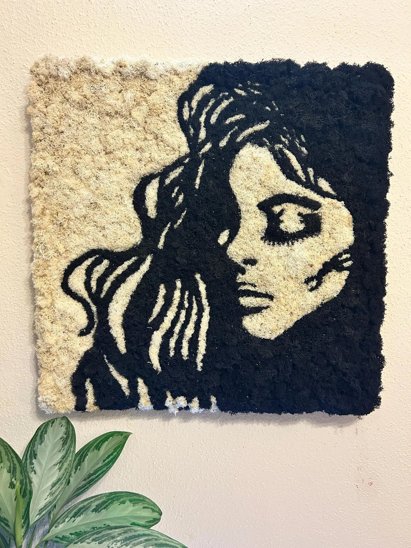 Reindeer Moss Wall Art – Woman’s Profile in Black & Beige, Handmade Nature Decor