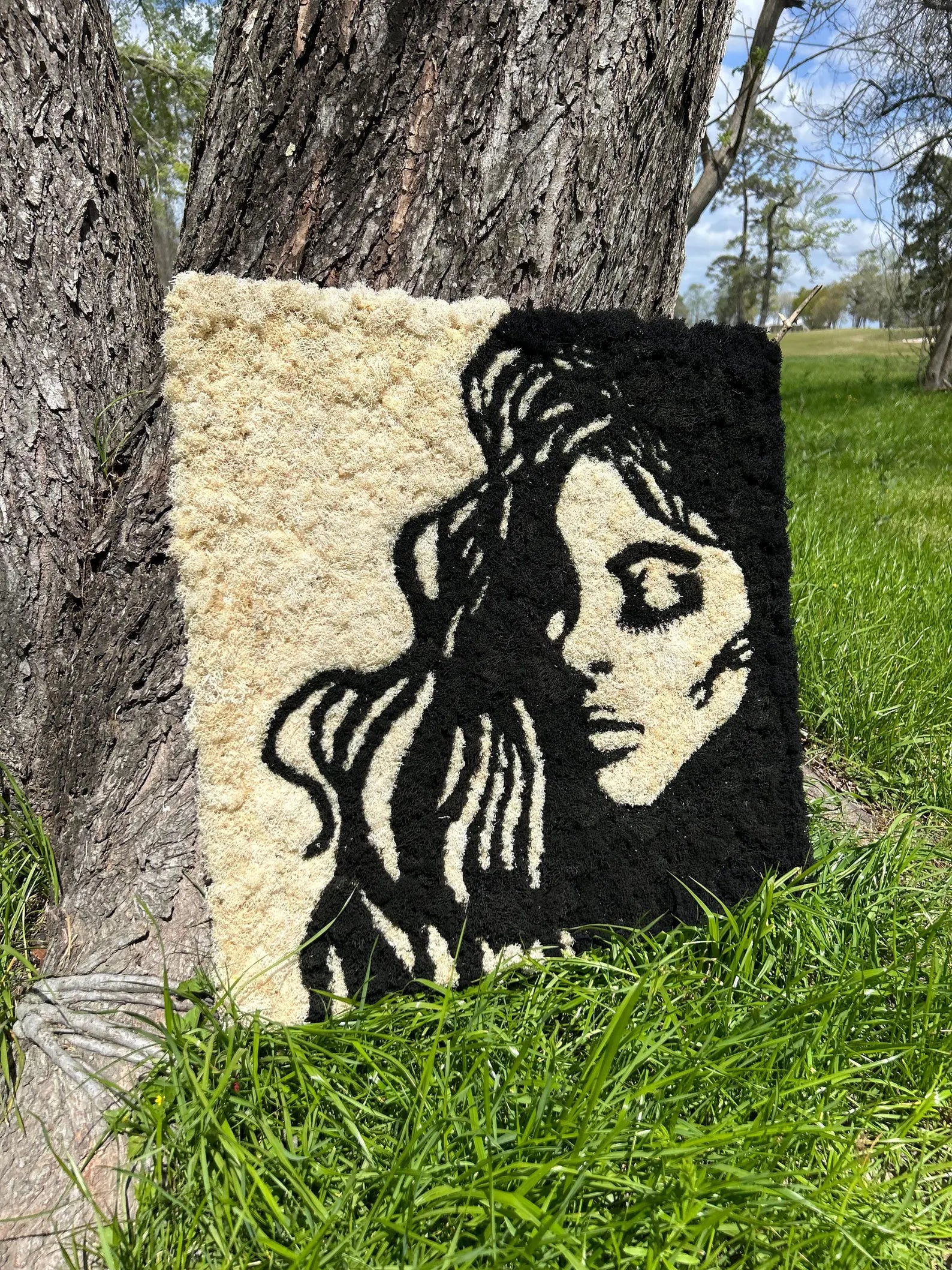 Reindeer Moss Wall Art – Woman’s Profile in Black & Beige, Handmade Nature Decor