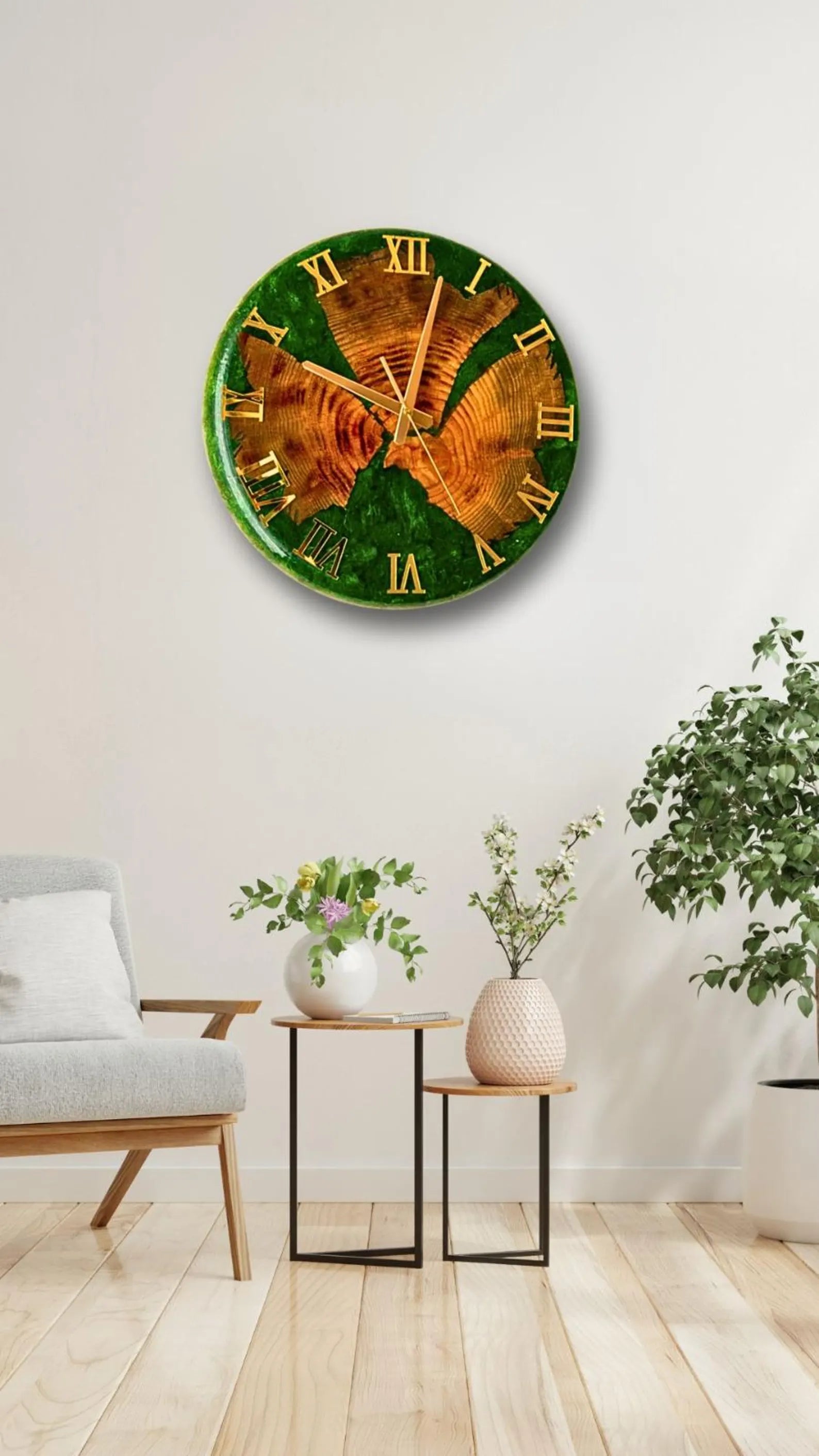 Large Moss Wall Clock – Preserved Moss & Epoxy Wood Art, Unique Home Decor Gift