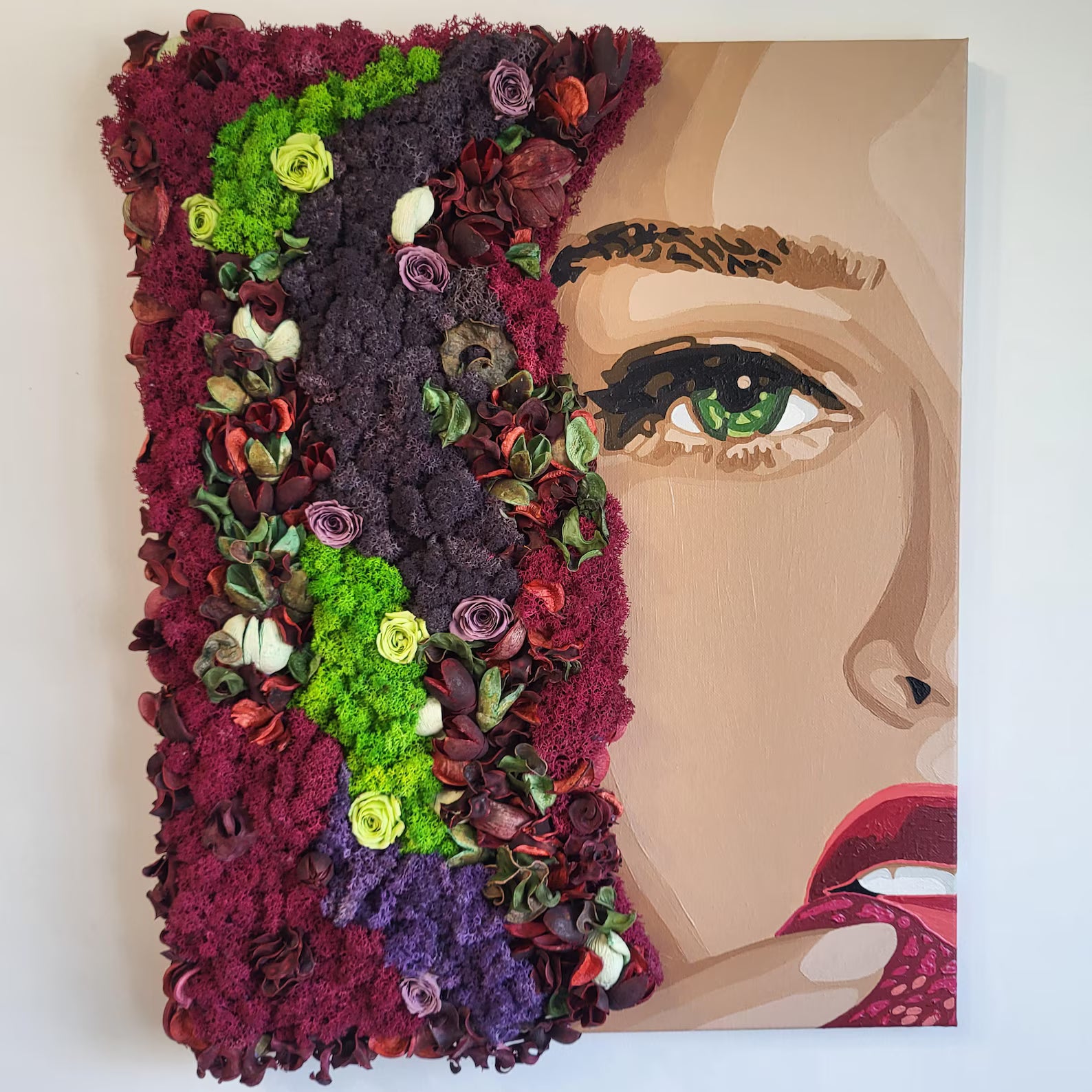 Moss Painting – Colorful Woman Portrait Wall Art, Handmade Eco-Friendly Moss Decor Gift